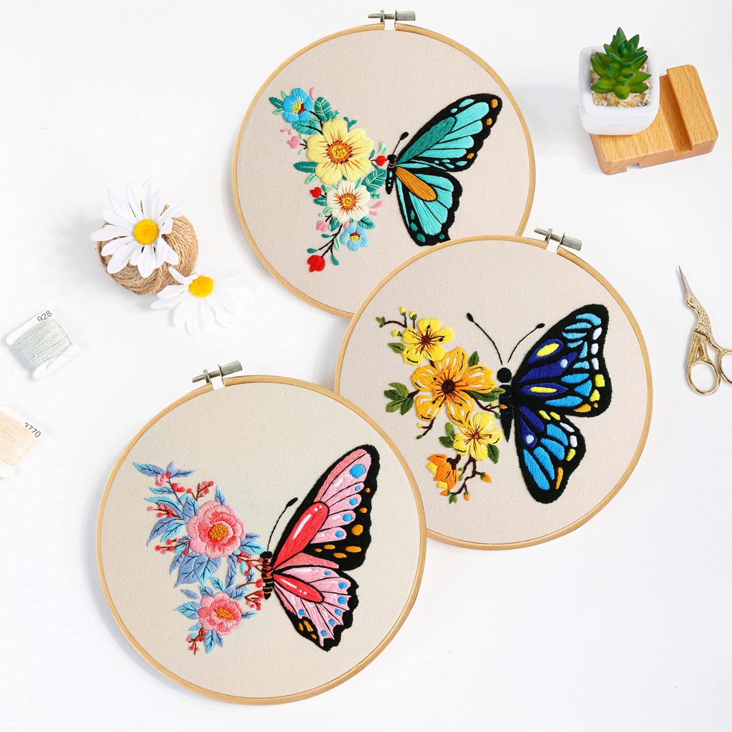 Santune Kit de bordado para principiantes y adultos, kit de punto de cruz para principiantes, bordado a mano con patrones de mariposas e
