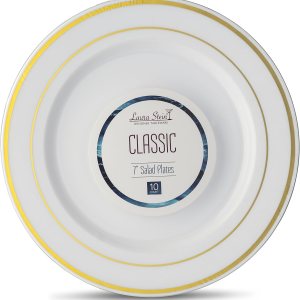 Laura Stein – 40 platos de 7 pulgadas – Vajilla de diseñador para ensalada blanca de plástico pesado de alta calidad, platos de aperitivo con borde Laura Stein – 40 platos de 7 pulgadas – Vajilla de diseñador para ensalada blanca de plástico pesado de alta calidad, platos de aperitivo con borde