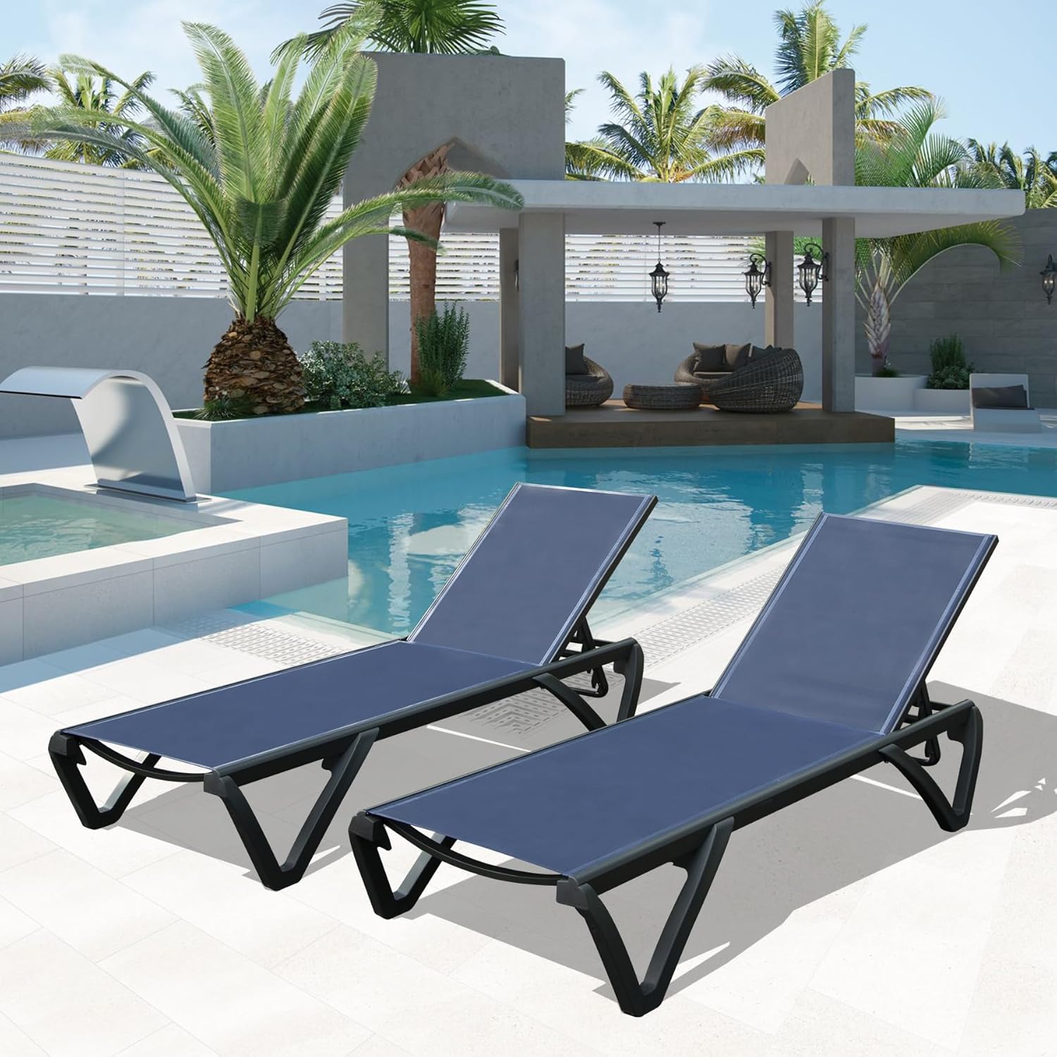 Domi – Juego de 2 sillas para patio, tumbonas de aluminio con respaldo y ruedas ajustables en 5 posiciones, sillas de salón al aire libre para