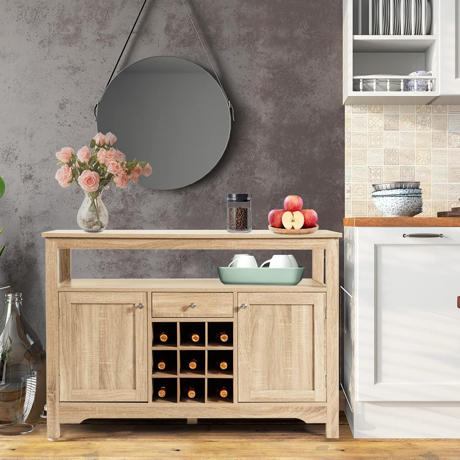 COSTWAY Armario buffet con almacenamiento, aparador de almacenamiento de cocina con 9 estantes para vino, 2 gabinetes, 1 cajón, estante abierto,
