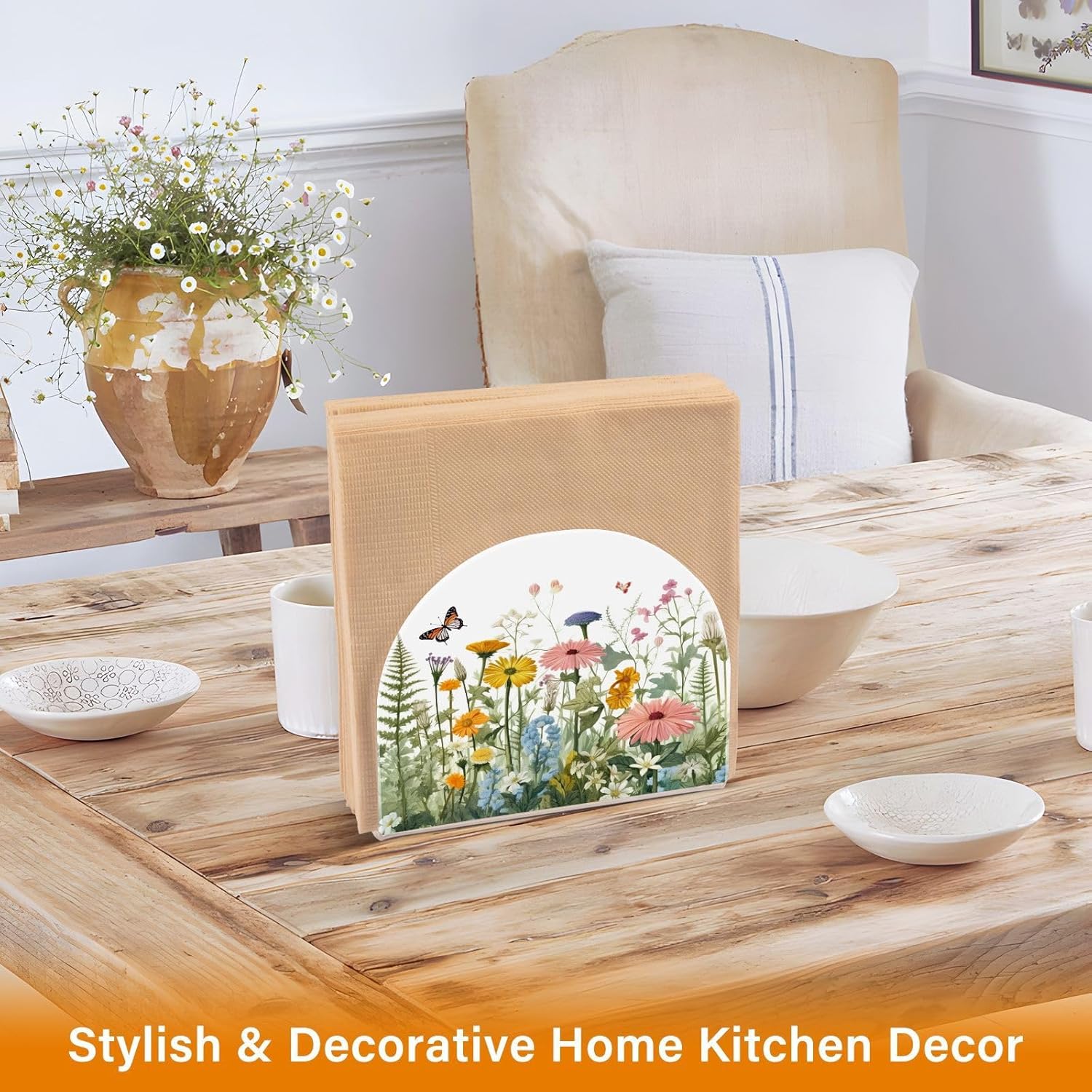 Napkin Holder Vivid Flowers and Butterfly Napkin Holders for Tables, Clear Acrylic Napkin Holders Cocktail Napkin Holder for Kitchen Restaurant Bar