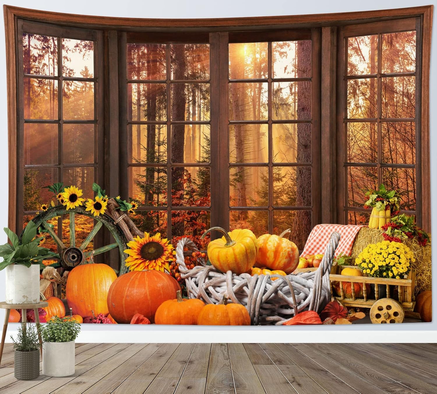 HVEST Tapiz de otoño con árbol de arce, bosque, paisaje exterior, ventana, para dormitorio, girasol, calabaza, Acción de Gracias, tapiz de pared