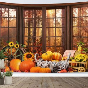 HVEST Tapiz de otoño con árbol de arce, bosque, paisaje exterior, ventana, para dormitorio, girasol, calabaza, Acción de Gracias, tapiz de pared HVEST Tapiz de otoño con árbol de arce, bosque, paisaje exterior, ventana, para dormitorio, girasol, calabaza, Acción de Gracias, tapiz de pared