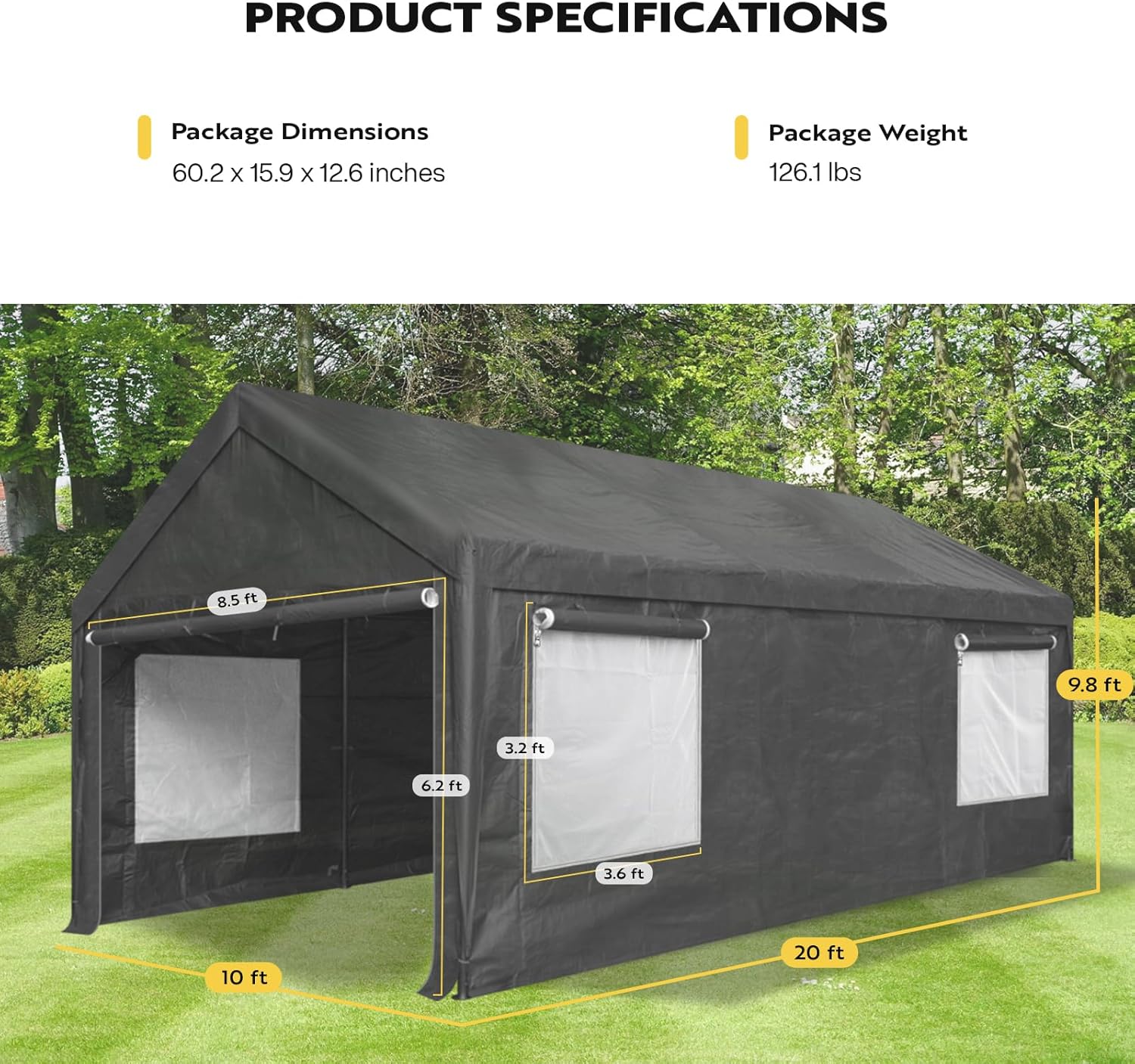 VIVOHOME Cochera de 10 x 20 pies, garaje portátil resistente con 4 ventanas ventiladas enrollables, puerta con cremallera y paredes laterales