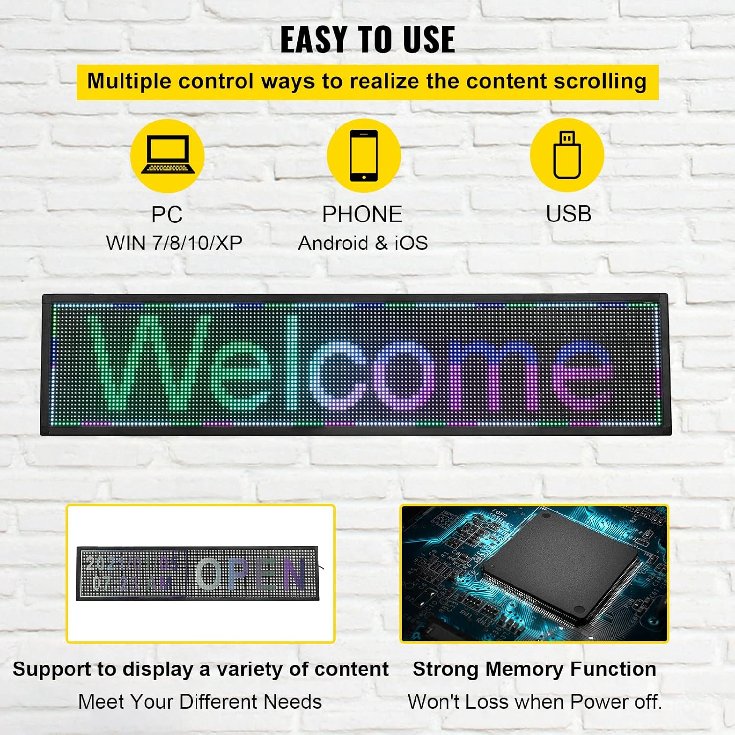 VEVOR Letrero LED de desplazamiento, 40 “x 8” WiFi y control USB, pantalla programable P6 a todo color, tablero de mensajes de alta resolución para