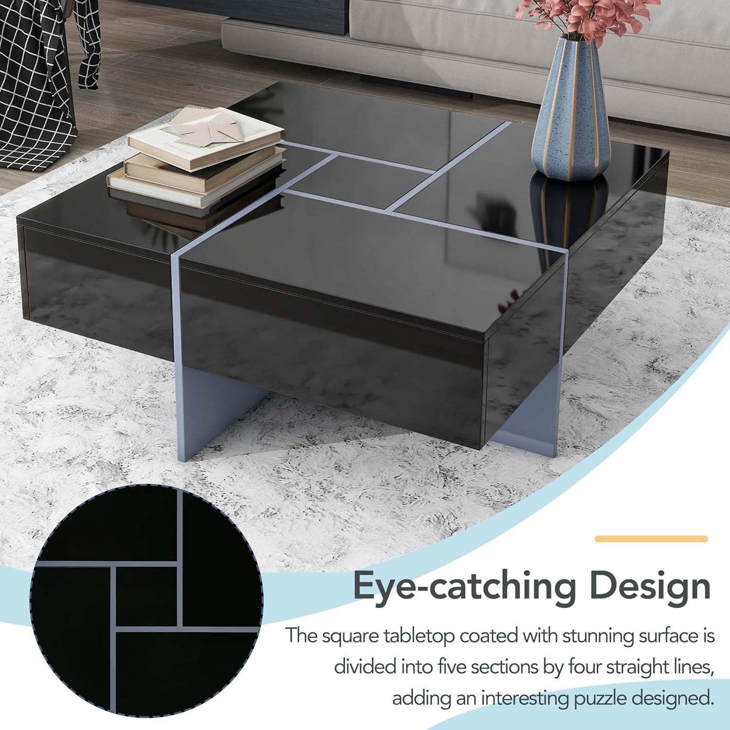 Aperturee Mesa auxiliar con 4 compartimentos de almacenamiento ocultos, mesa de cóctel cuadrada con mesa deslizante extensible, mesa central moderna