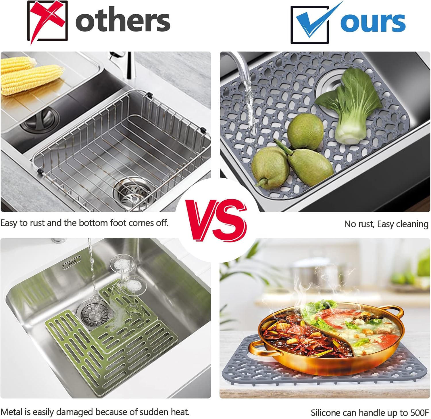 Juego de 2 protectores de silicona para fregadero de cocina de acero inoxidable, antideslizantes, resistentes a los arañazos (drenaje trasero, gris,