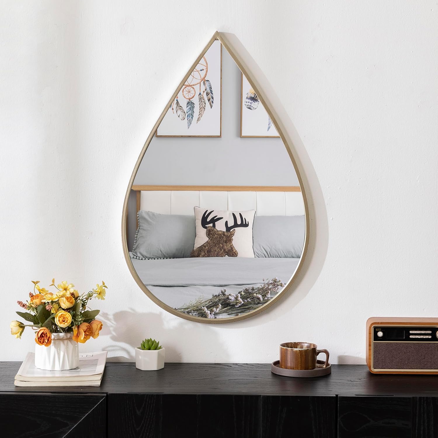 Espejo de pared dorado con forma de lágrima, decoración de pared para baño, sala de estar, dormitorio, pasillo, tocador