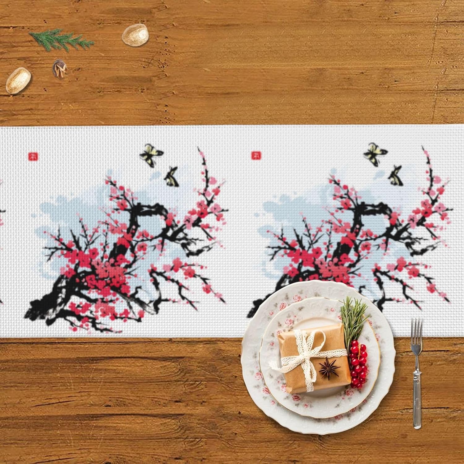 Camino de mesa de Navidad con ramas de cerezo, decoración de mesa de comedor, decoración de Navidad, decoración de interiores del hogar, caminos de