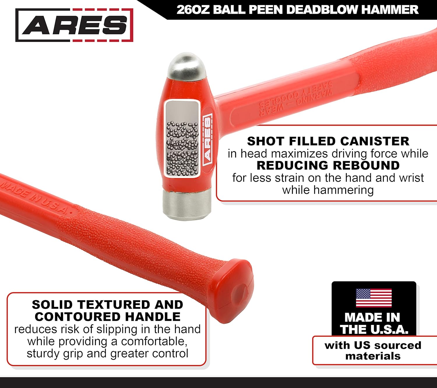 ARES 23053  Martillo de golpe muerto de bola de 26 oz  Cabeza pesada que ofrece una potente fuerza de golpe  Cabezal de diseño de tiro de acero para
