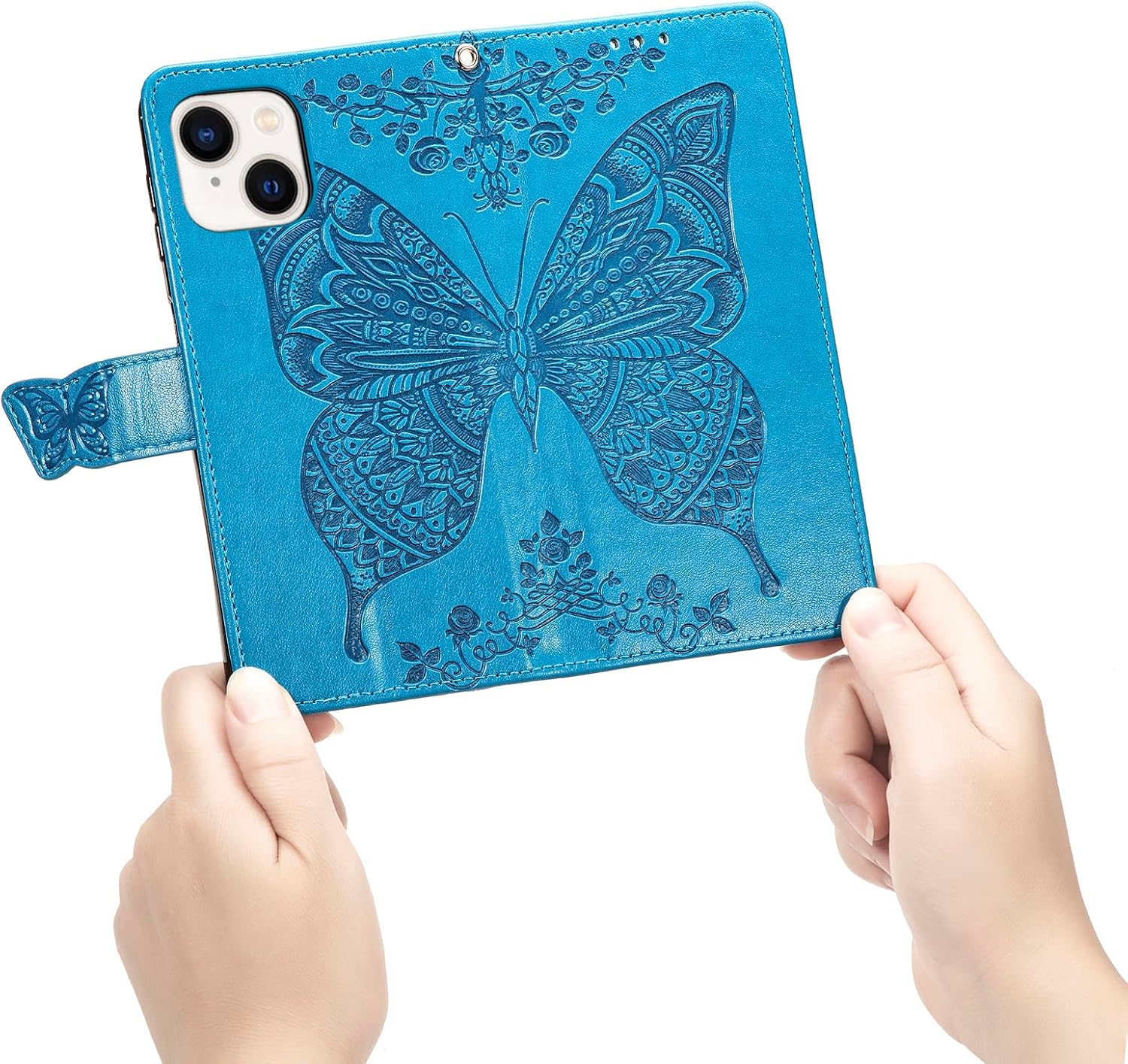 Funda tipo cartera para iPhone 15 Plus, con estampado de mariposas y flores en relieve, piel de primera calidad, con ranuras para tarjetas, funda