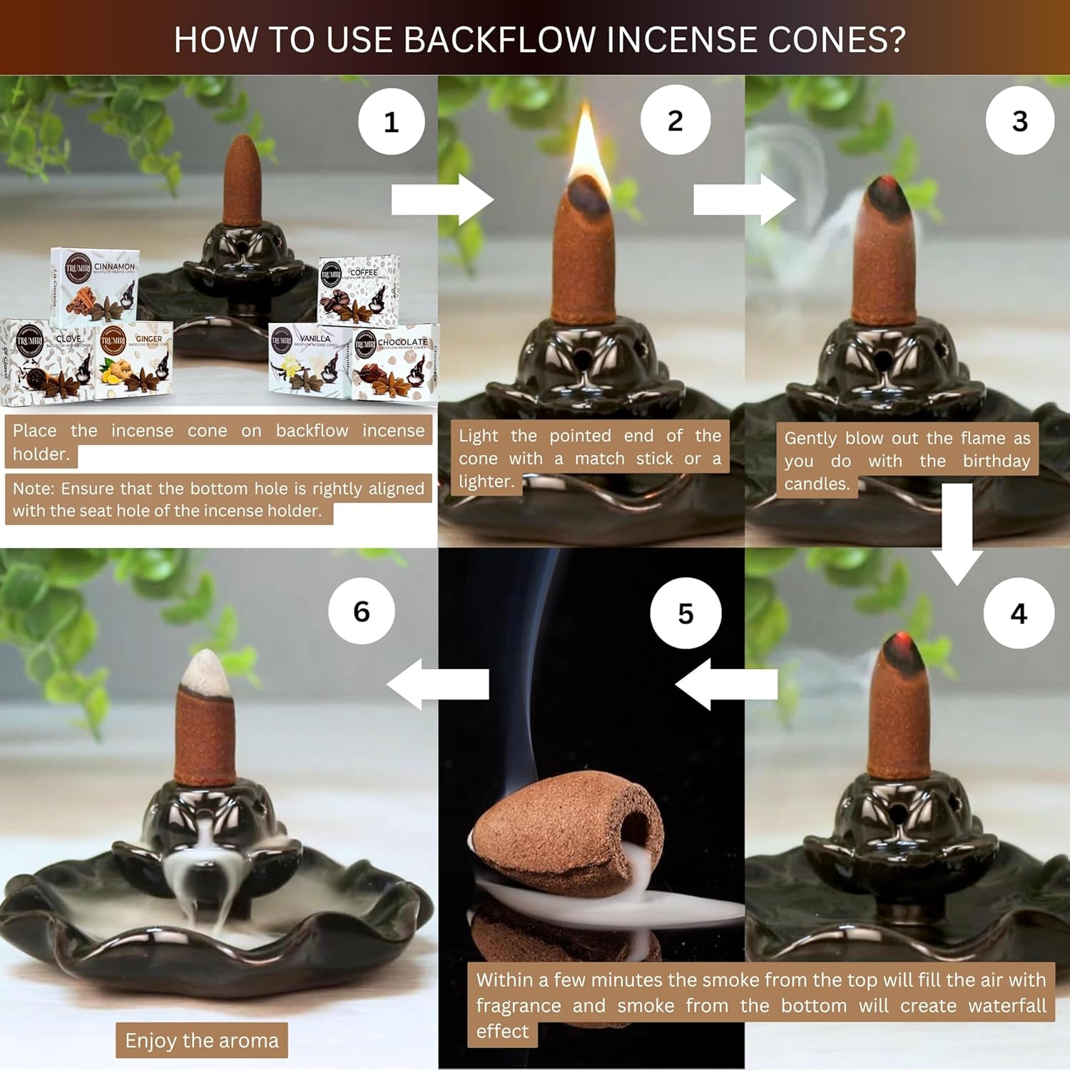 Trumiri Conos de incienso gourmet de reflujo  Paquete variado  Total 60 conos de incienso cascada (6 aromas x 10 conos)  Vainilla, canela, café,