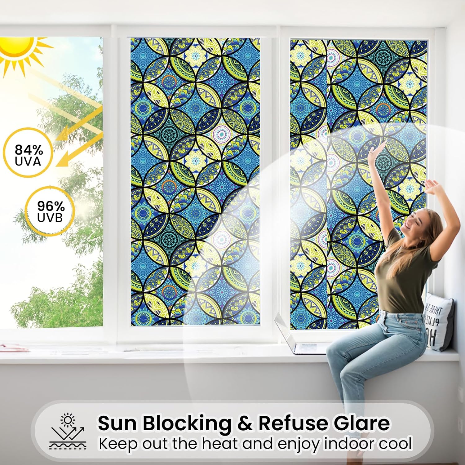 DKTIE Película para ventana de vidrieras con kit de instalación, estilo bohemio, protección de privacidad, luz suavizante, película decorativa para