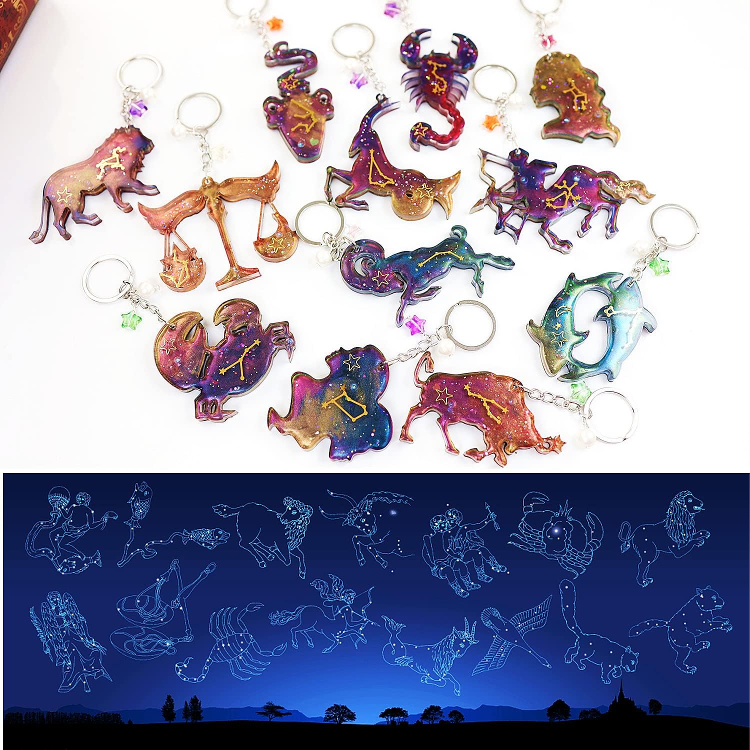 Llavero del zodiaco Moldes de resina de silicona, 12 constelaciones, animales, colgante, molde de fundición de resina epoxi con agujero, joyería
