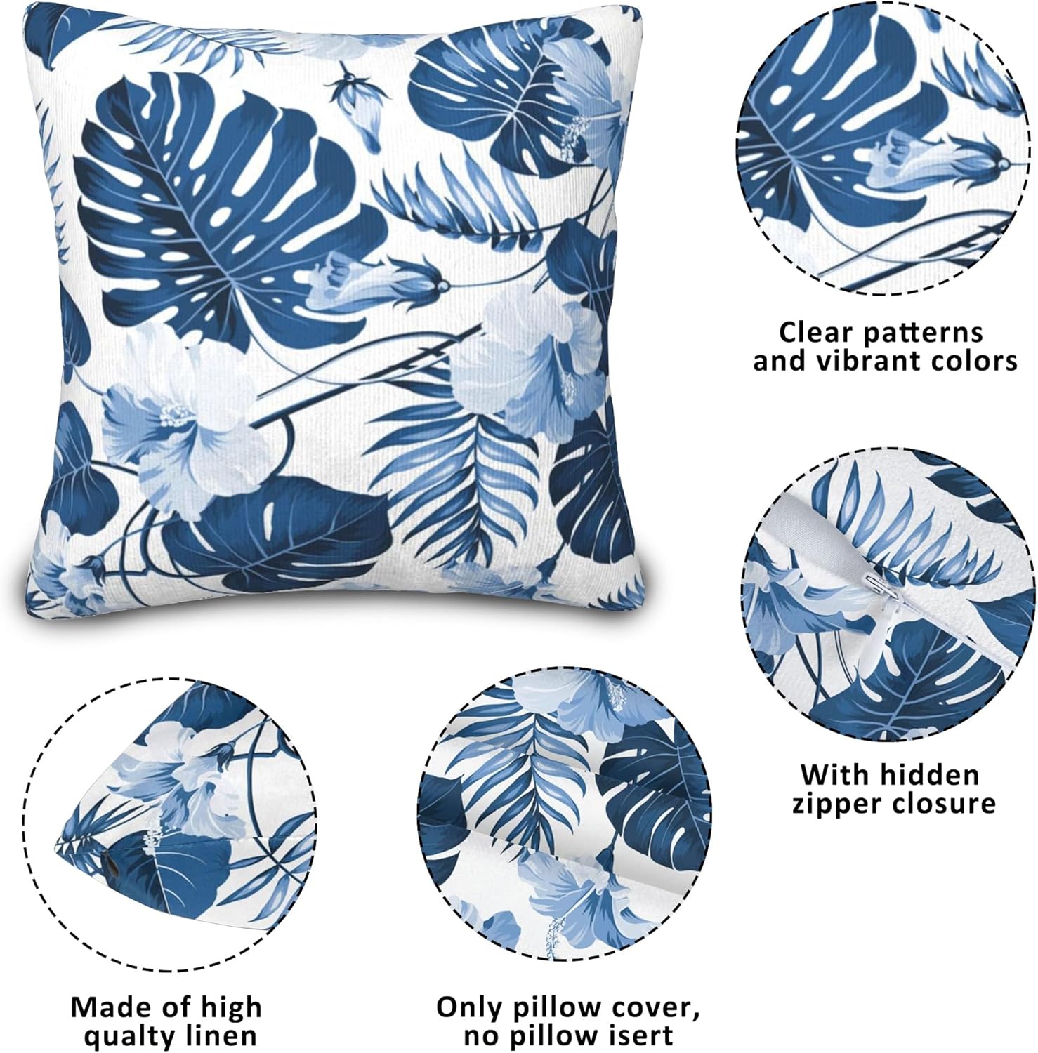 Juego de 2 fundas de almohada de hojas azules de palmera de 18 x 18 pulgadas, juego de 2 fundas de almohada florales hawaianas, arte abstracto,