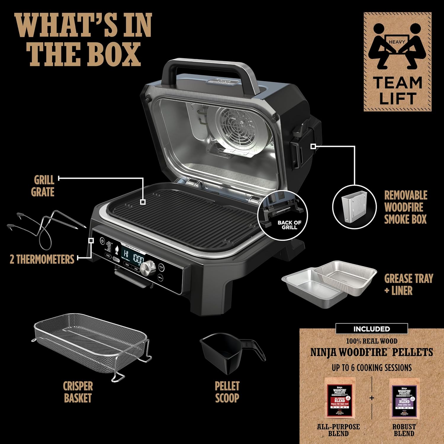 Ninja OG951 Woodfire Pro Connect Premium XL – Parrilla y ahumador para exteriores, Bluetooth, habilitado para aplicaciones, parrilla principal 7 en