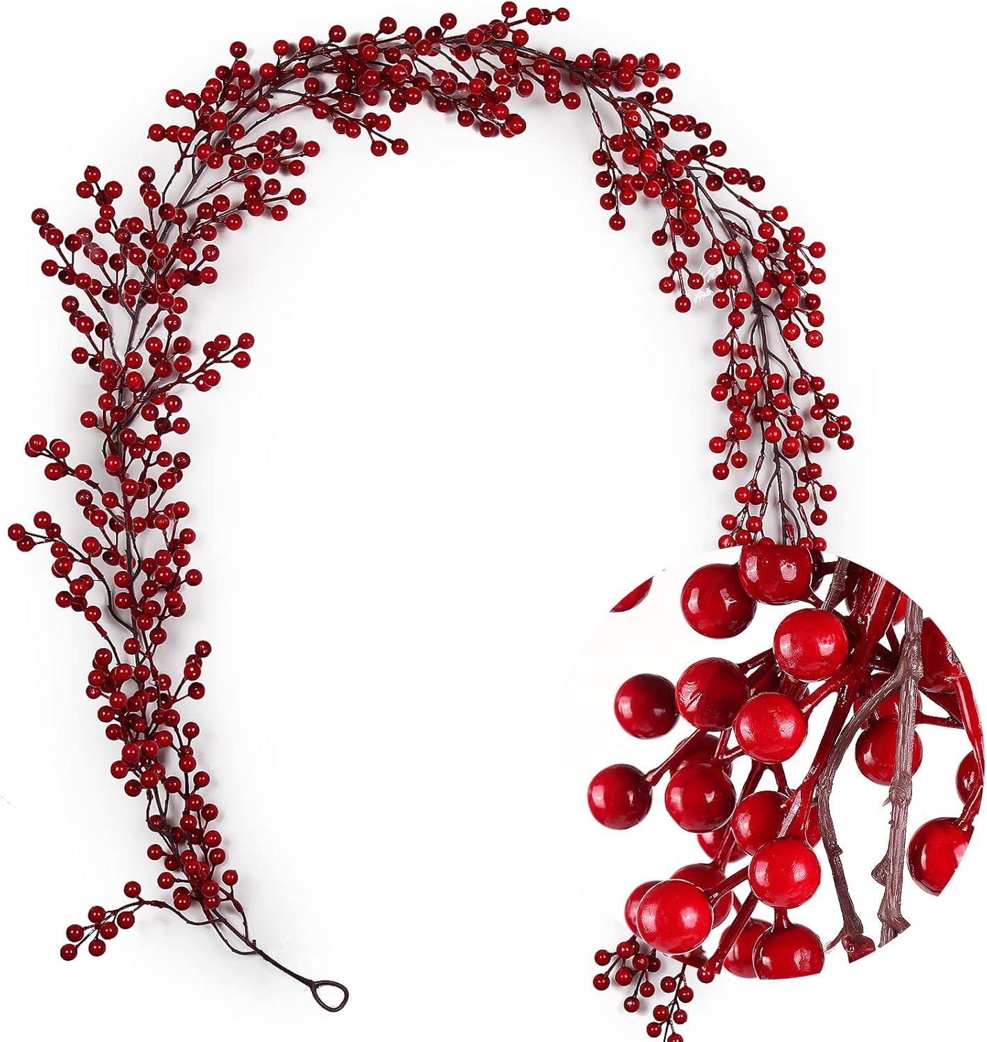 RECUTMS Guirnalda de bayas rojas para decoración de Navidad, guirnalda de bayas rojas artificiales de 6.23 pies con tallos flexibles, decoración de
