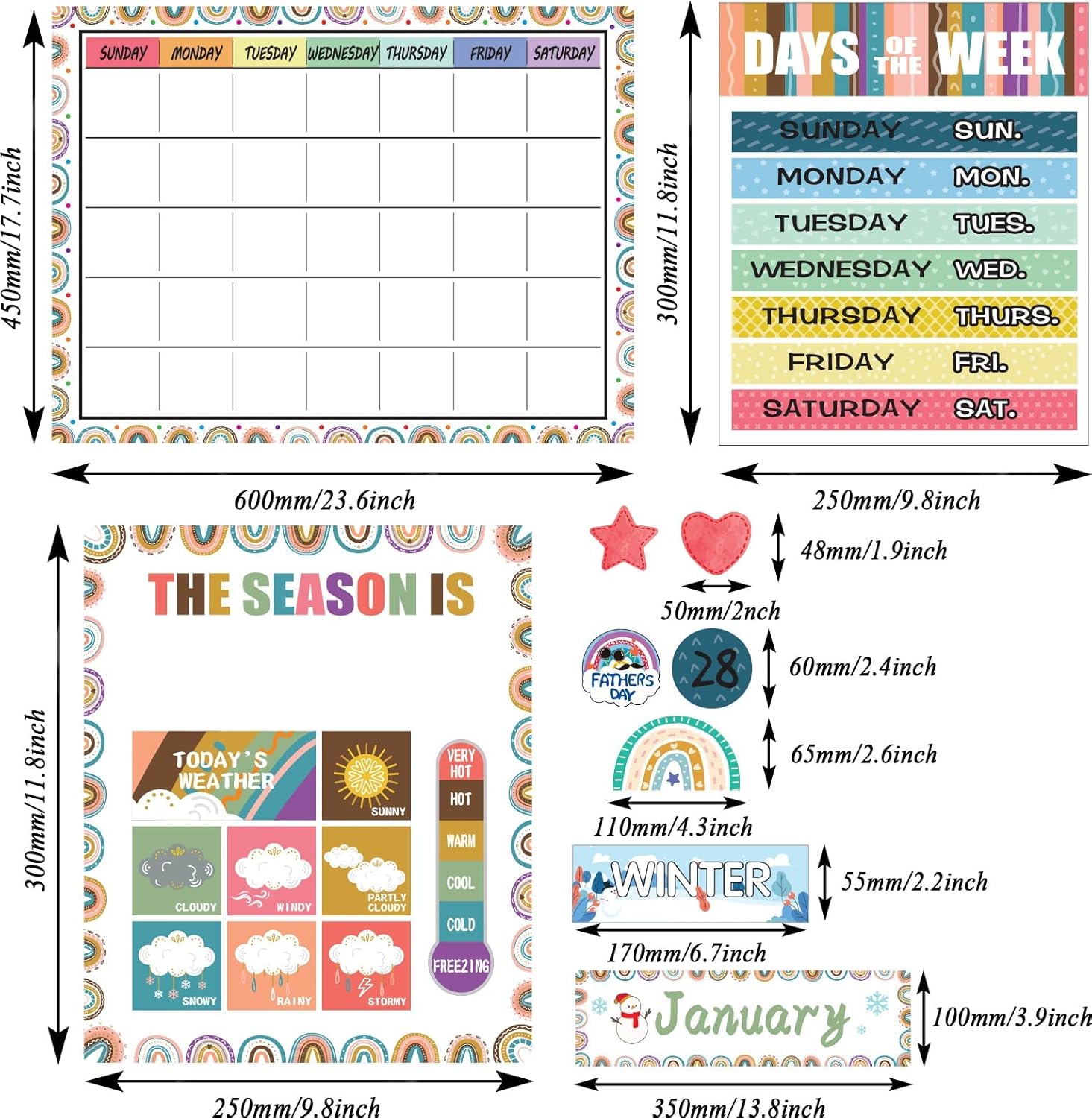 Juego de tablones de anuncios con calendario de arcoíris bohemio, calendario de estaciones, tabla de anuncios CTP y decoración de aula con