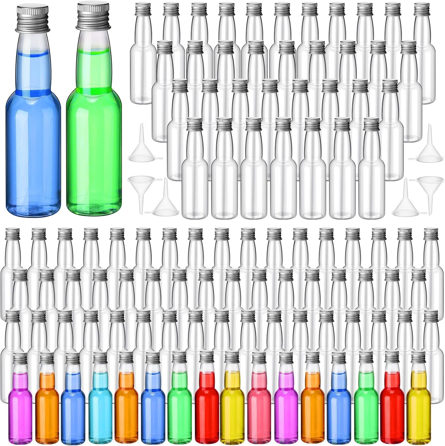 120 botellas pequeñas de licor herméticas, botellas vacías de plástico con embudos para recuerdos de fiesta, bodas (3.3 onzas, plateado)