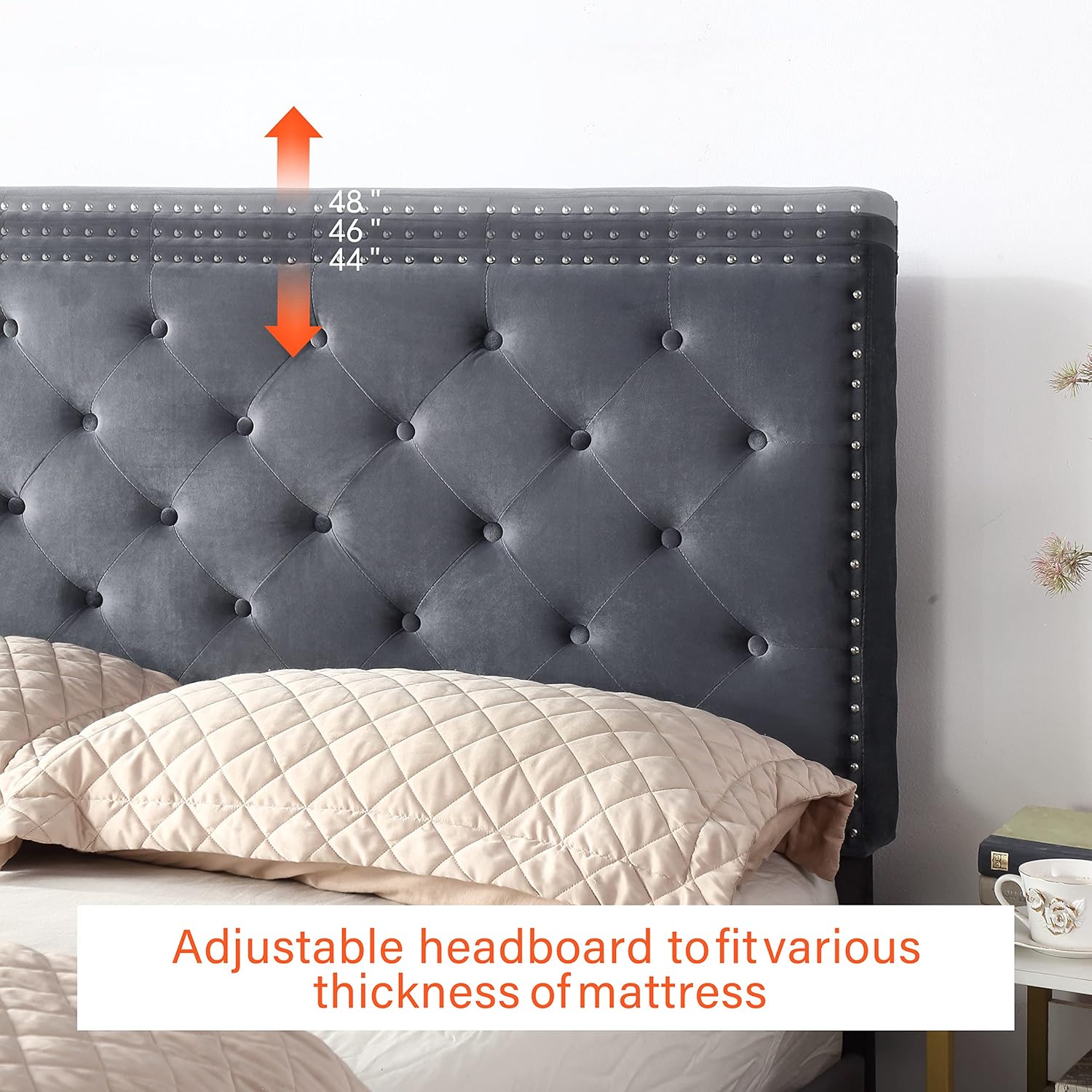 Base de cama de plataforma tapizada individual con cabecero ajustable de 48 pulgadas de alto, cama de terciopelo de gamuza copetuda con botones,
