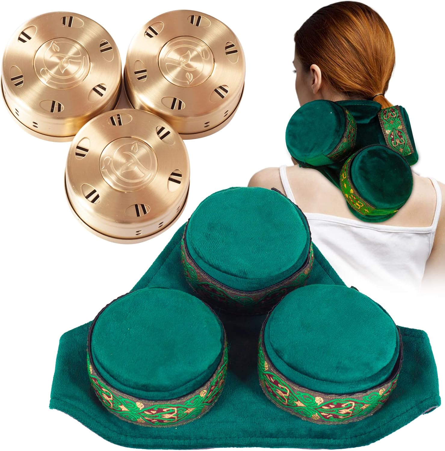 Caja de moxa de cobre sin humo, juego de 3 purificadores de tanque de cobre, herramienta de tratamiento de moxibustión, bolsa de terapia portátil,