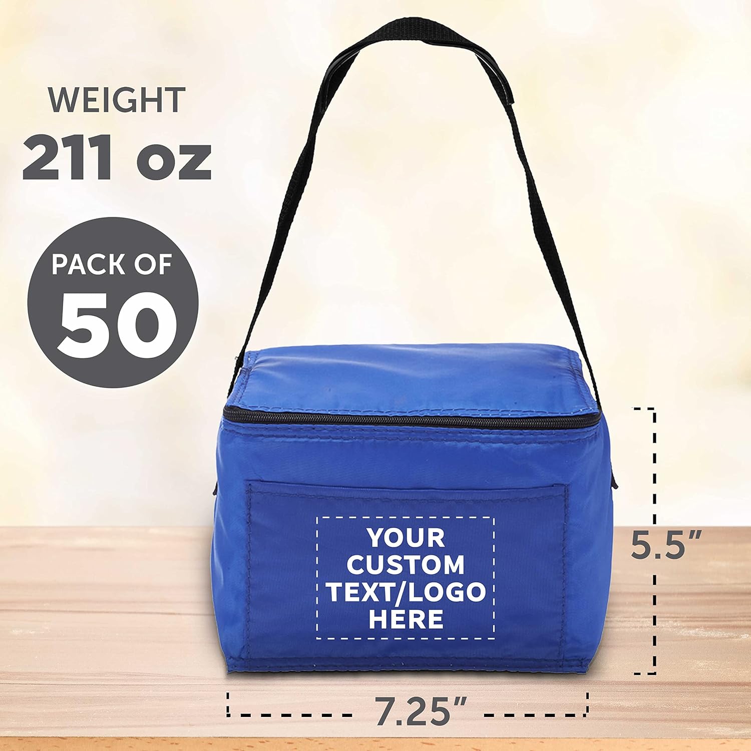 DISCOUNT PROMOS Juego de 50 bolsas de almuerzo pequeñas personalizadas, paquete a granel personalizado, aisladas, se adapta a 6 latas, perfectas