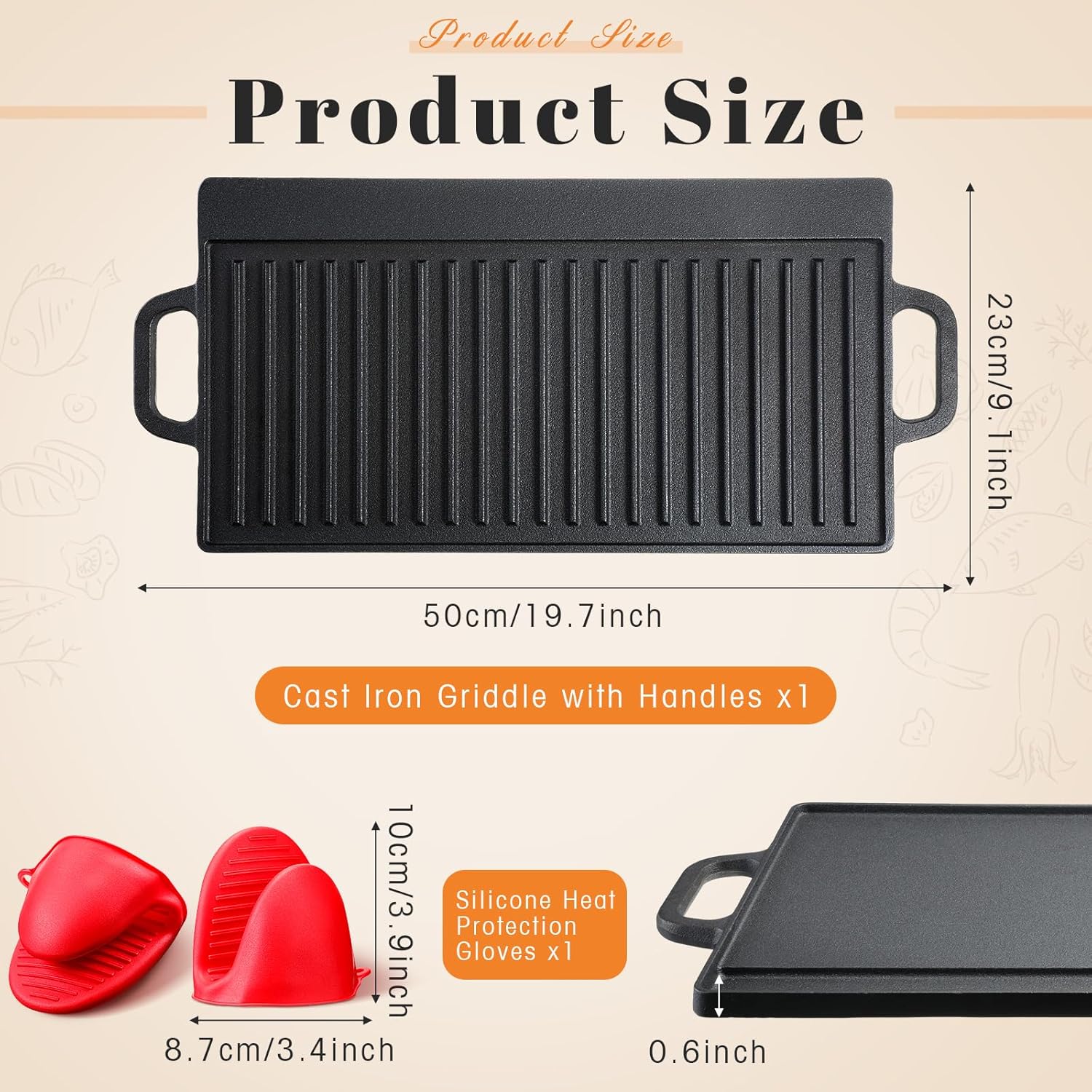Mifoci Plancha de hierro fundido de 19.7 x 9.1 pulgadas con asas, placa de parrilla reversible 2 en 1 con guantes de protección térmica de silicona,