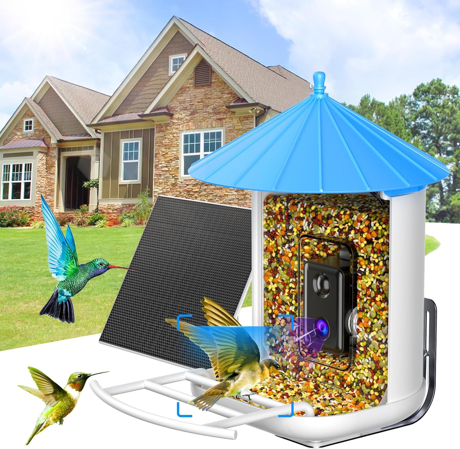Farmice Comedero para pájaros con cámara, Cámara alimentadora de pájaros con panel solar, captura automática videos de aves y notificación, AI