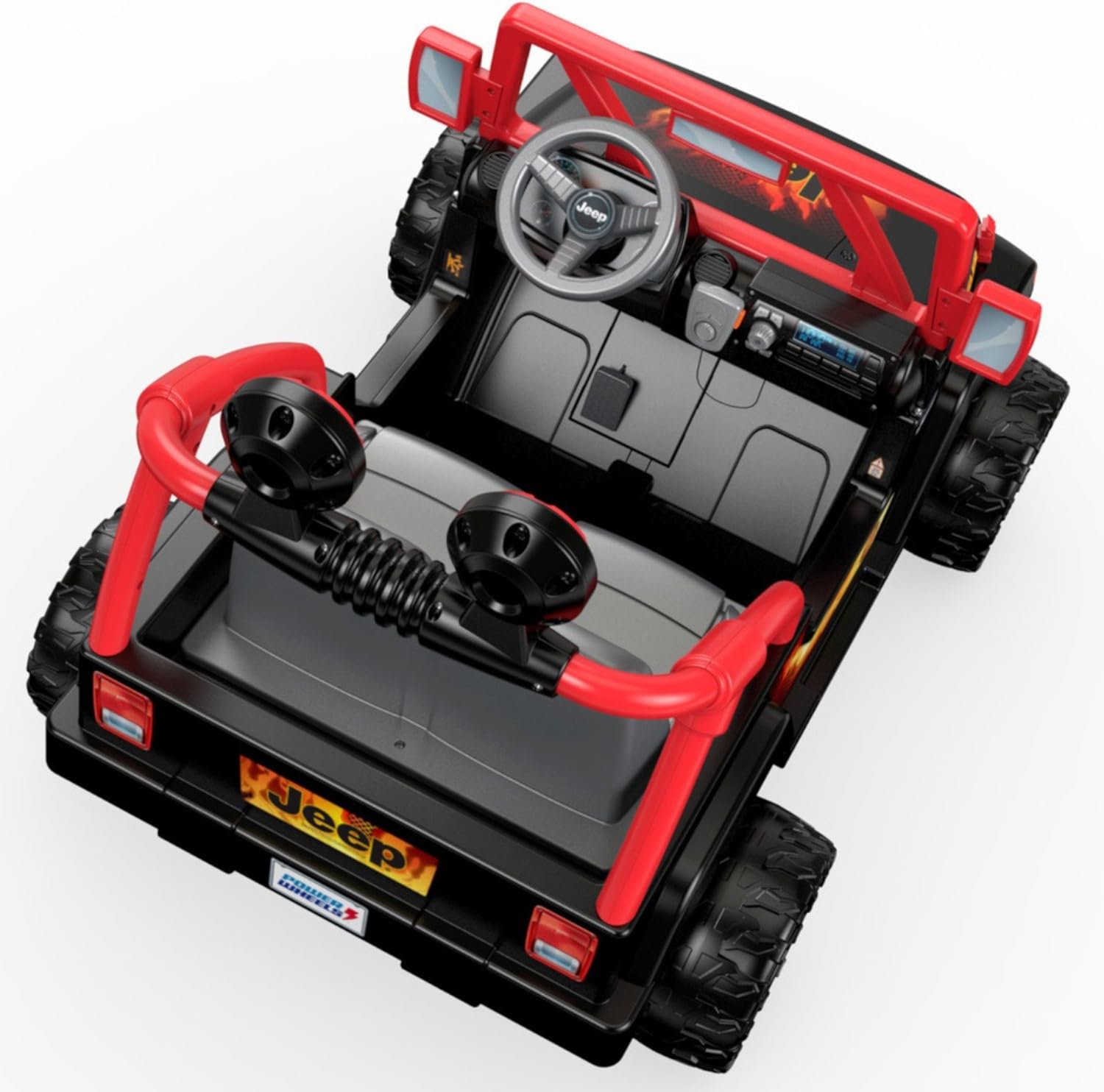 Power Wheels – Juguete montable Jeep Wrangler Tough Talking con sonidos y micrófono, juguete preescolar, tracción multiterreno, 2 asientos, negro y