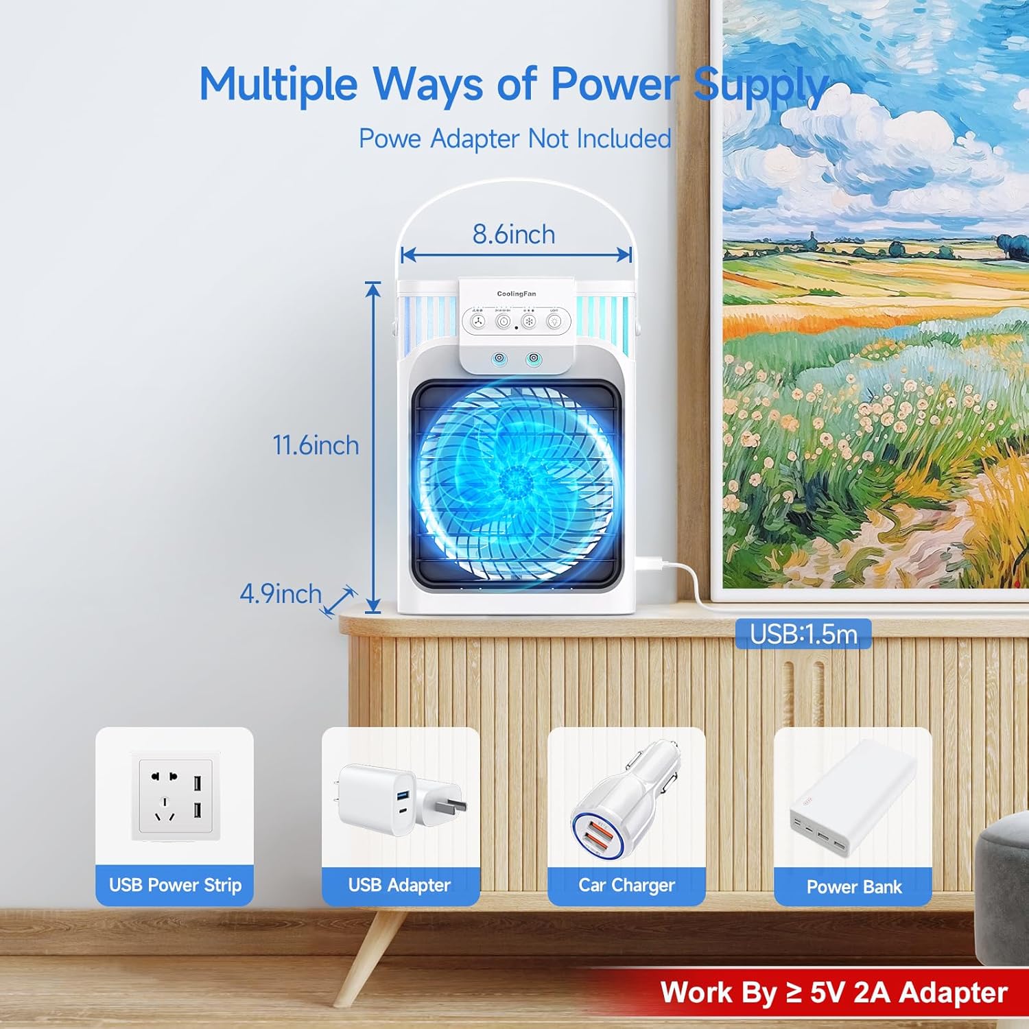 VICELEC Ventilador de aire acondicionado portátil con control remoto, silencioso con 3 velocidades, ventilador evaporativo de 40.6 fl oz con 3