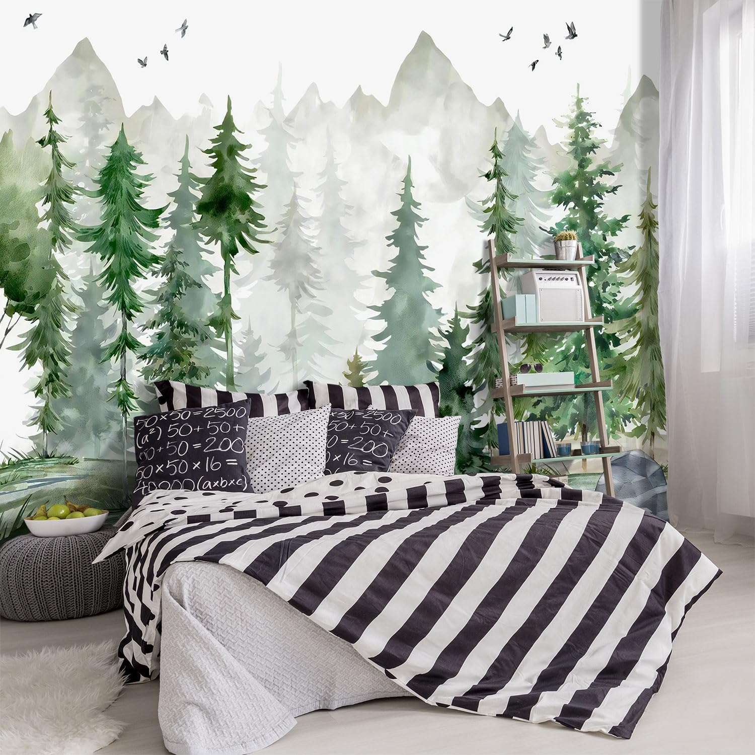 Papel tapiz de tela verde con dibujos animados de pinos y bosques para niños y niñas, dormitorio infantil, sala de estar, plantas de bosque, mural
