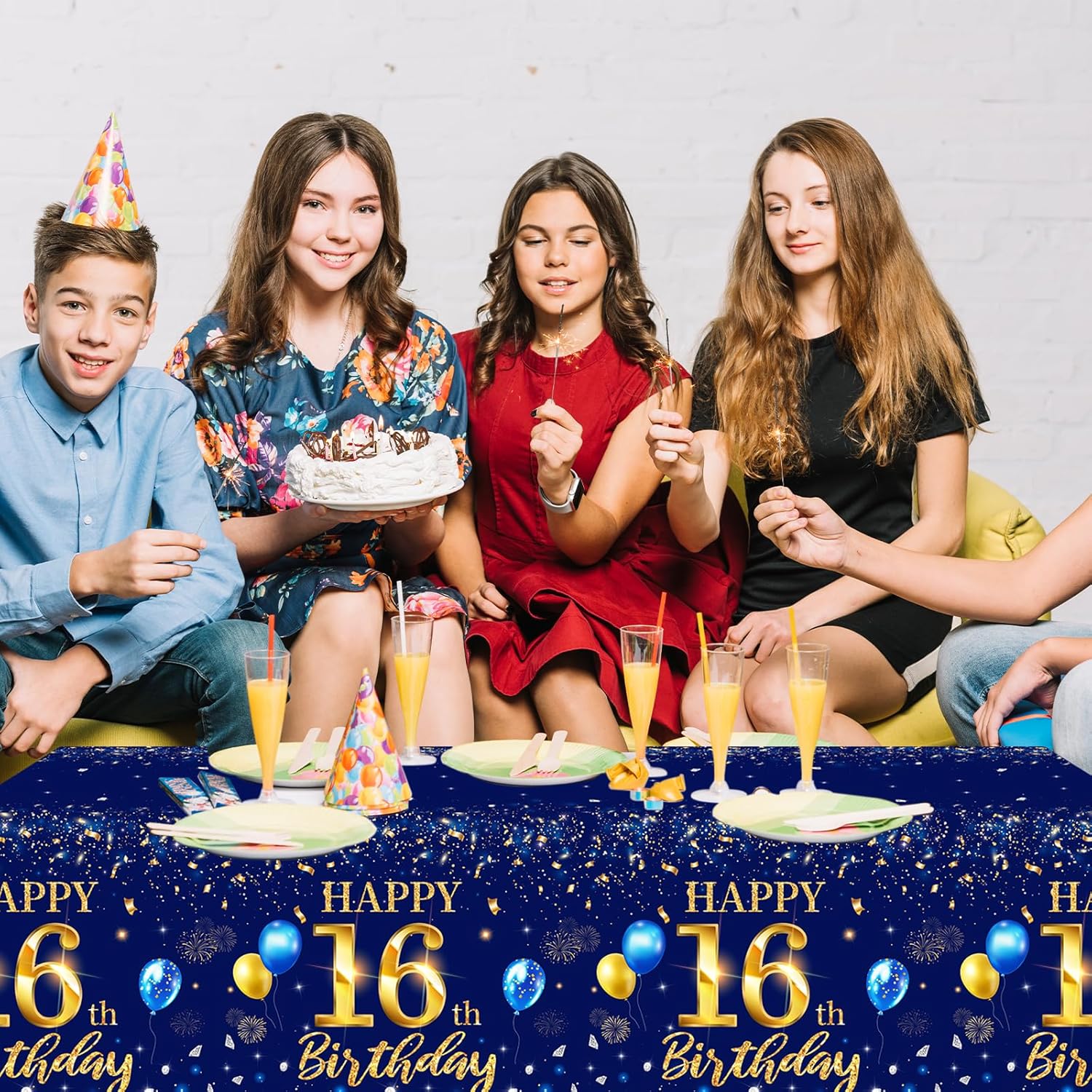 Decoraciones de cumpleaños número 16 para hombre, 3 piezas, color azul marino, fundas rectangulares de plástico impermeables de plástico dorado y