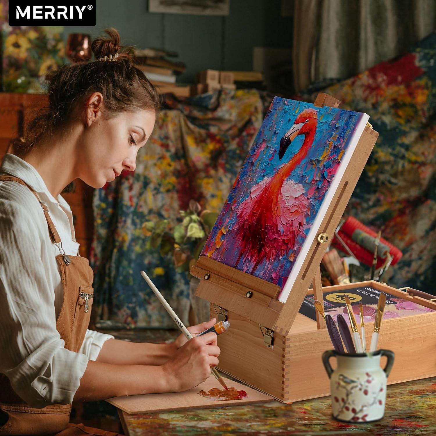 MERRIY Juego de pintura acrílica de 80 piezas, kit de suministros de pintura para artistas con caballete de caja de bocetos de mesa, pinturas