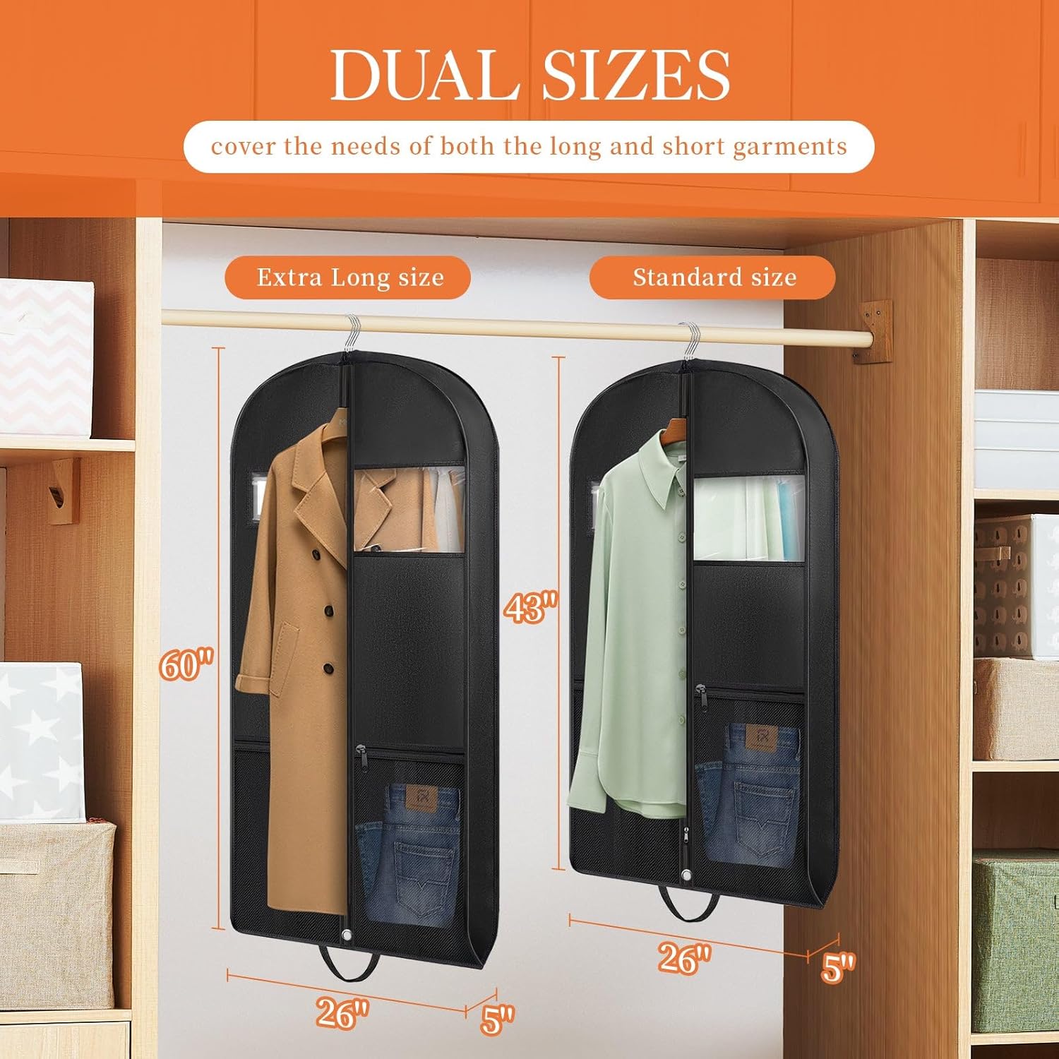 HOTOR Bolsas de ropa para viajes bolsa de ropa resistente de 43 pulgadas con bolsillos, bolsas de ropa portátiles para colgar ropa, bolsa de traje