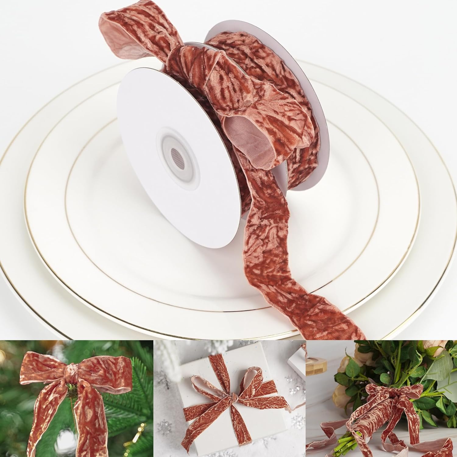 HUIHUANG Cinta de terciopelo de 1 pulgada para adornos de árbol de Navidad, envoltura de regalos, decoración de coronas, invitaciones, decoración de