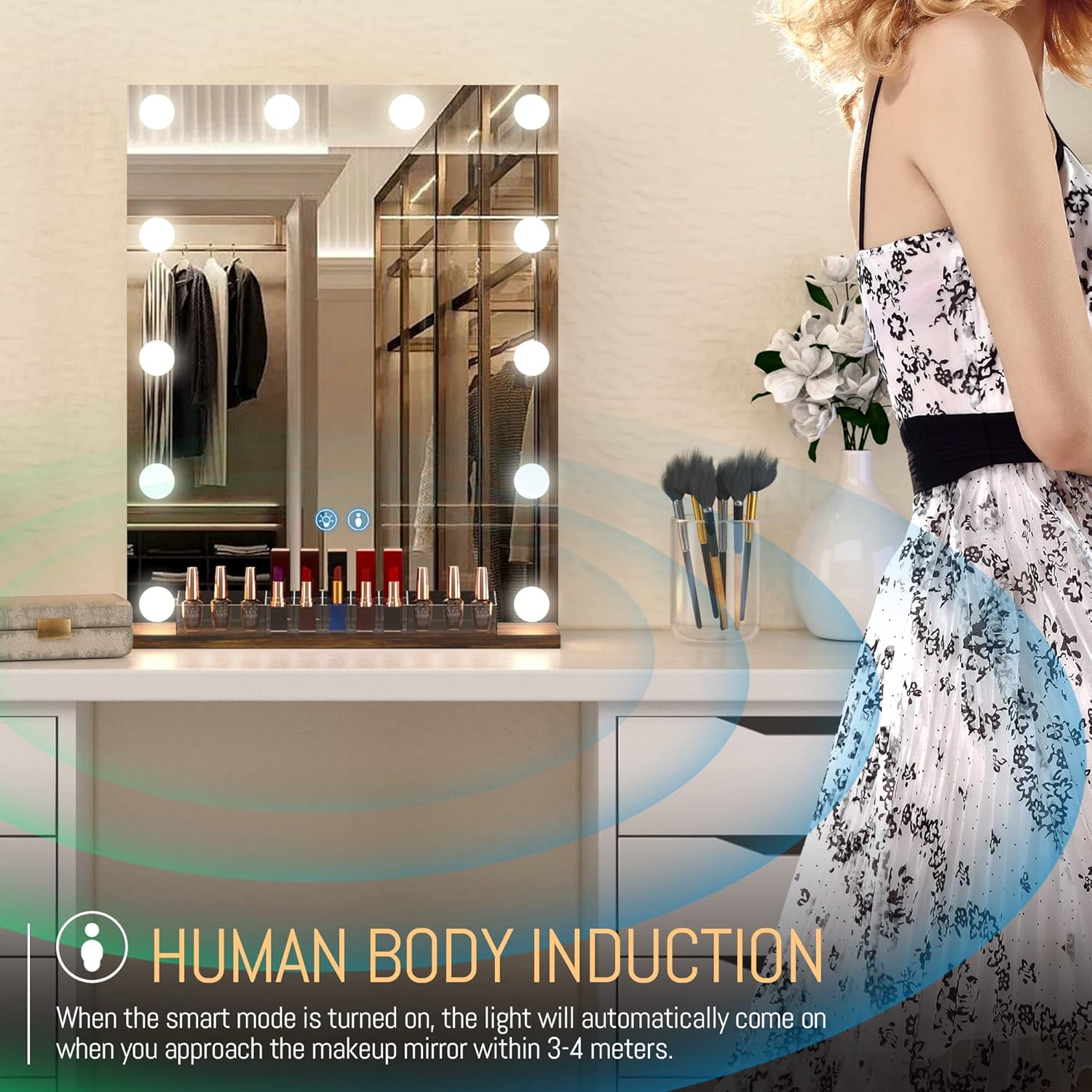LVSOMT Espejo de tocador con luces, espejo de maquillaje iluminado para escritorio, espejo de tocador de Hollywood con organizador de maquillaje, 3