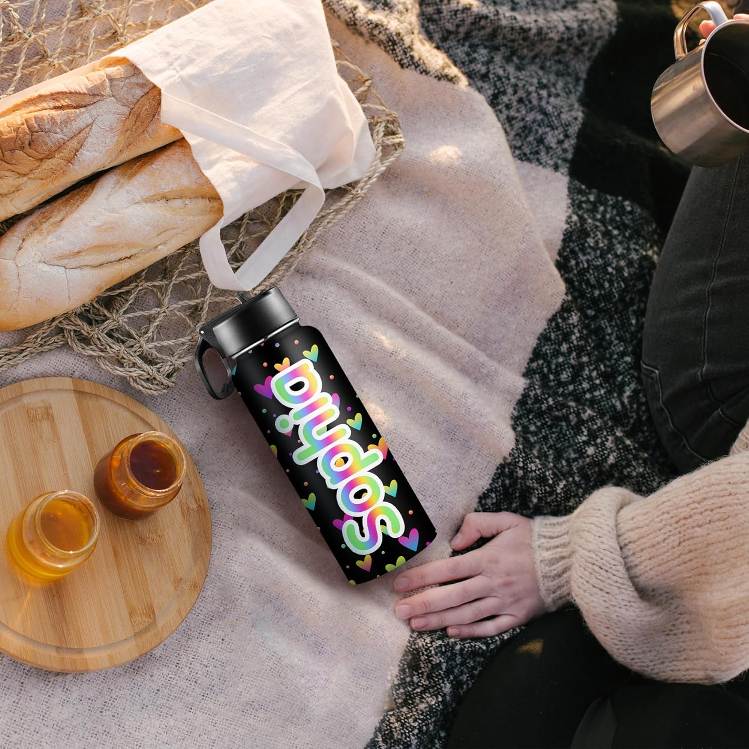 Botellas de agua personalizadas para niñas, de acero inoxidable con aislamiento de doble cara con pajilla, botella de agua de color degradado