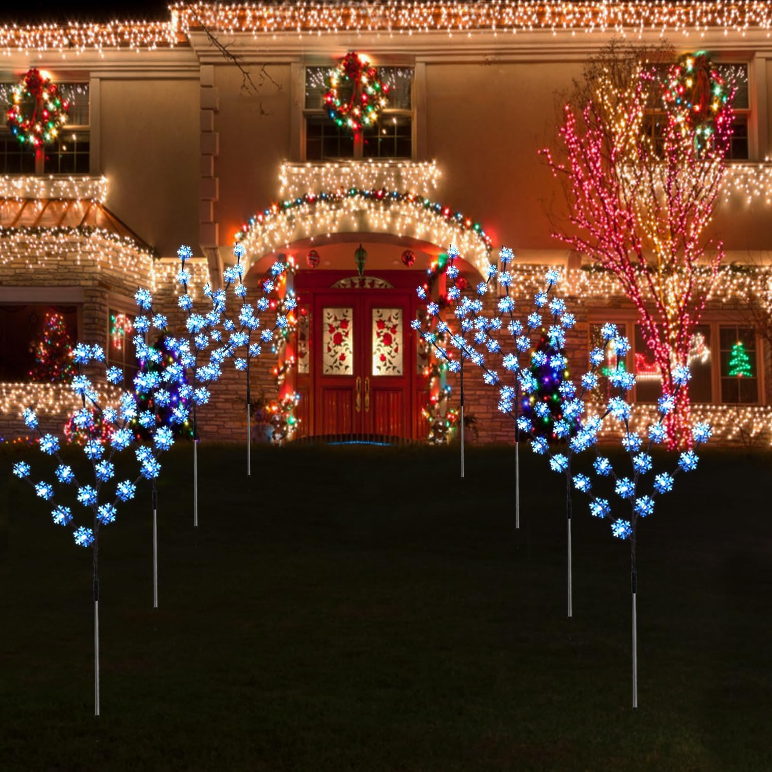 Aovciust Decoraciones de Navidad al aire libre, 4 juegos de luces solares para árbol de Navidad con 80 luces de copo de nieve C6, adecuadas para
