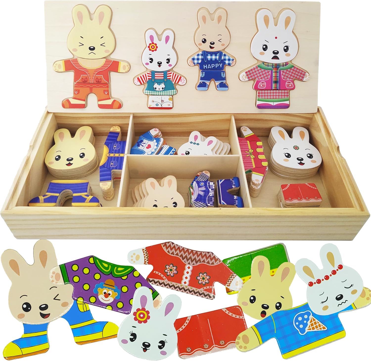 Rompecabezas de madera con caja de rompecabezas de conejo, rompecabezas de vestir en una caja de almacenamiento para niños pequeños de 3 a 6 años