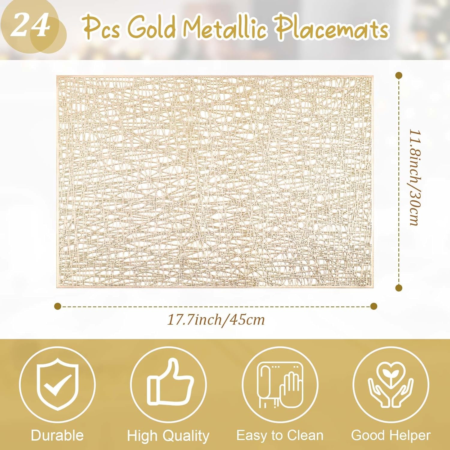 Zhehao 24 manteles individuales rectangulares de vinilo dorados a granel de plástico metálico dorado de 17.7 x 11.8 pulgadas, antideslizantes,