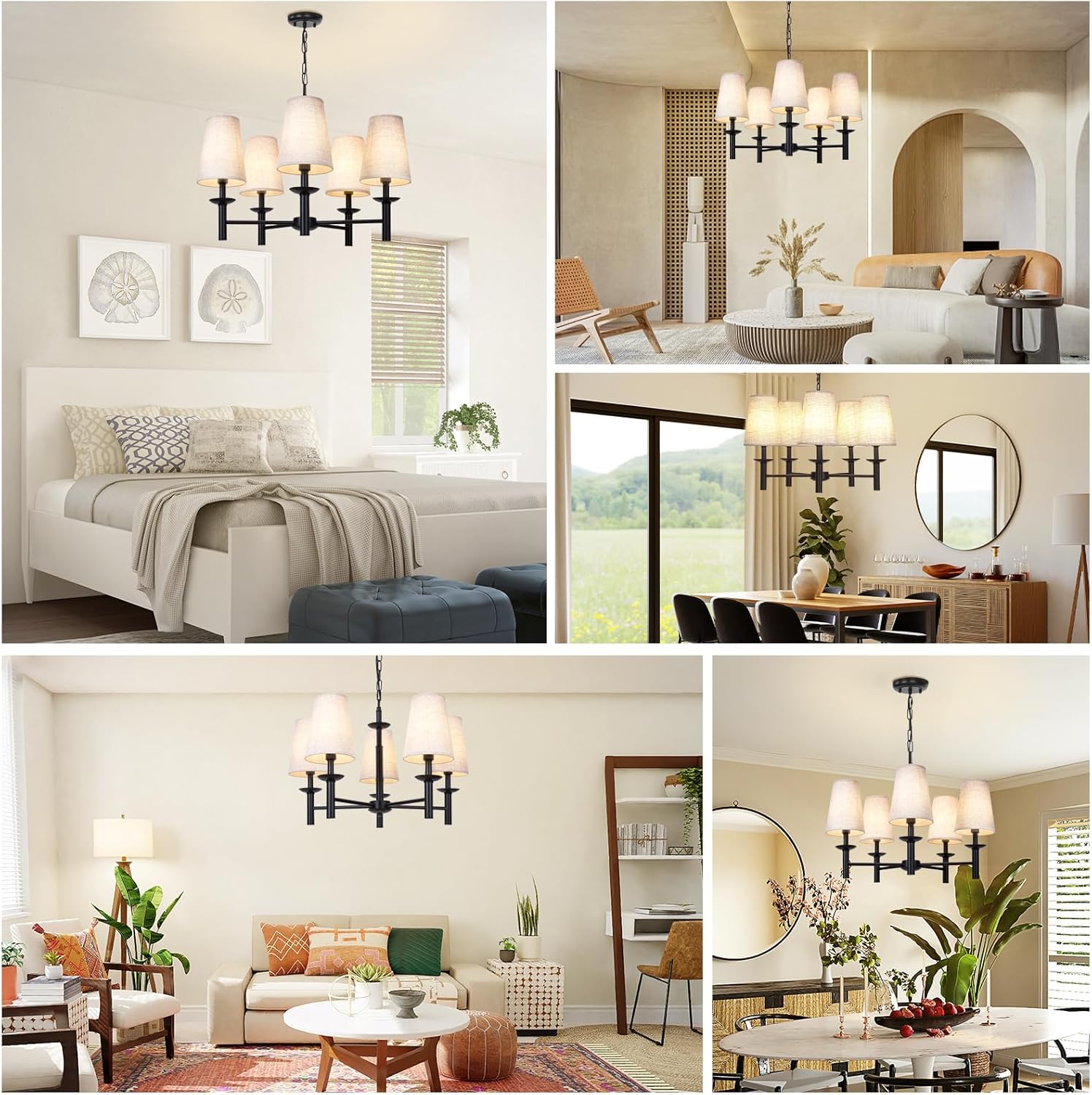 Lámpara de araña moderna de 5 luces con pantalla de tela blanca, lámpara colgante lineal de metal negro para comedor, lámpara colgante industrial