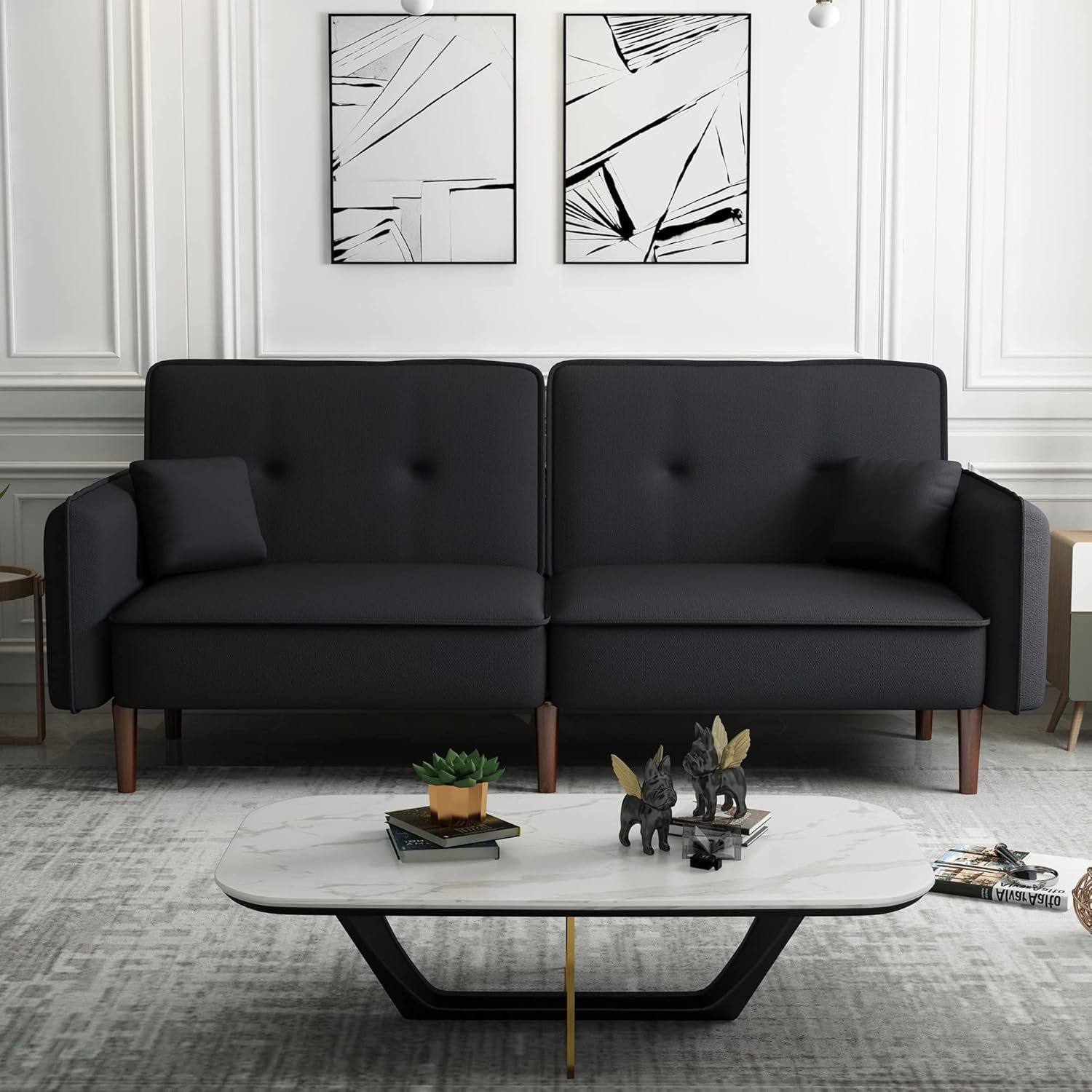 Sofá biplaza tipo futón, sofá cama convertible con bolsa para revistas, patas de madera maciza en tela negra para sala de estar, dormitorio,