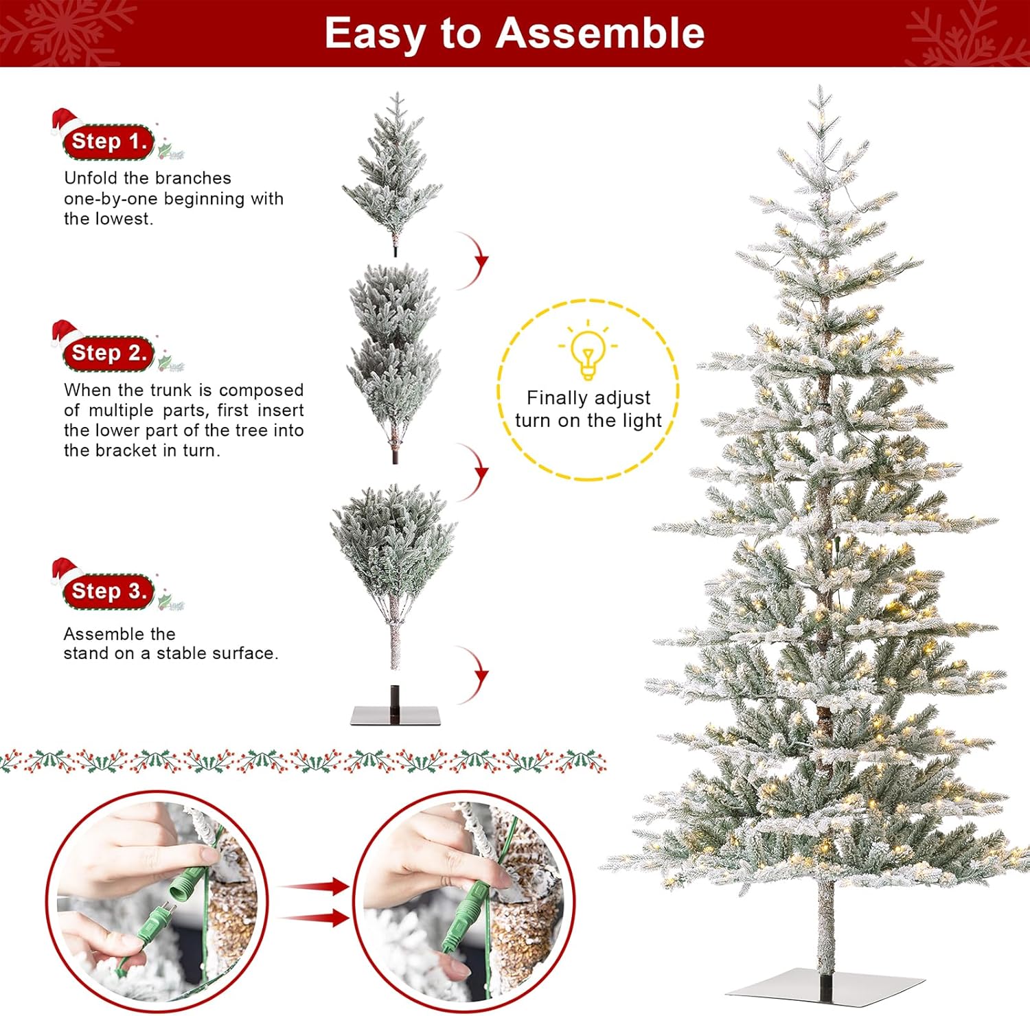 glitzhome Árbol de Navidad artificial de abeto flocado de lujo de 8 pies, árbol de Navidad con bisagras con 450 luces blancas cálidas, tres