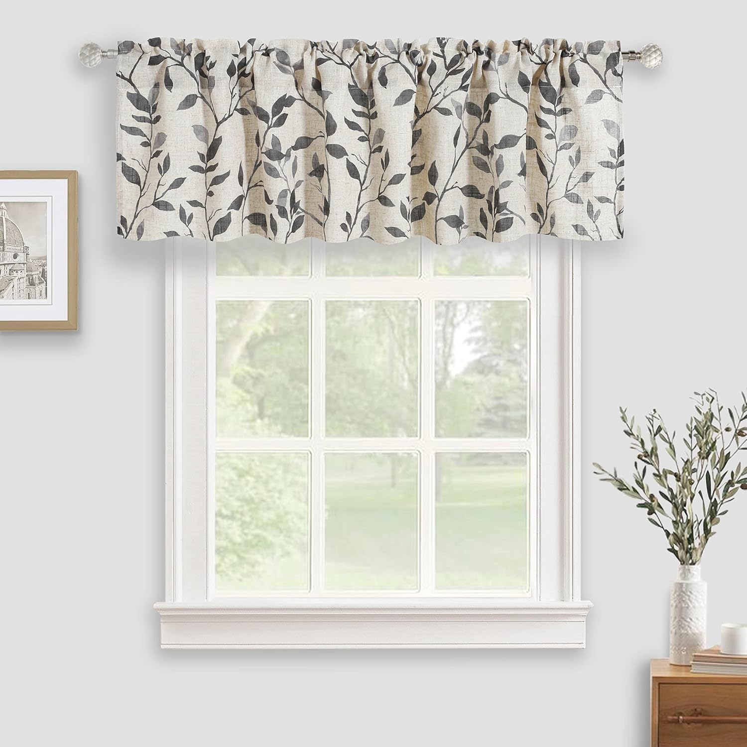 Cenefa de cocina de lino, cenefas de cortina con estampado de hojas de árbol para baño, dormitorio, sala de estar, decoración de granja con bolsillo