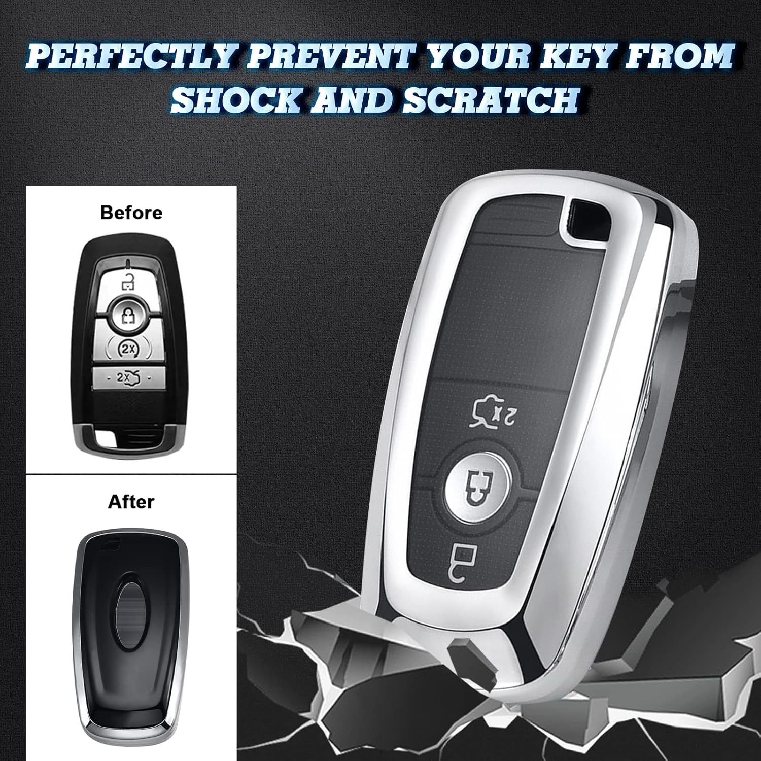 Xotic Tech – Carcasa para llavero de TPU plateado, compatible con Ford Edge Escape Expedition Explorer Mustang Ranger F-150 F-250 o Lincoln Corsair