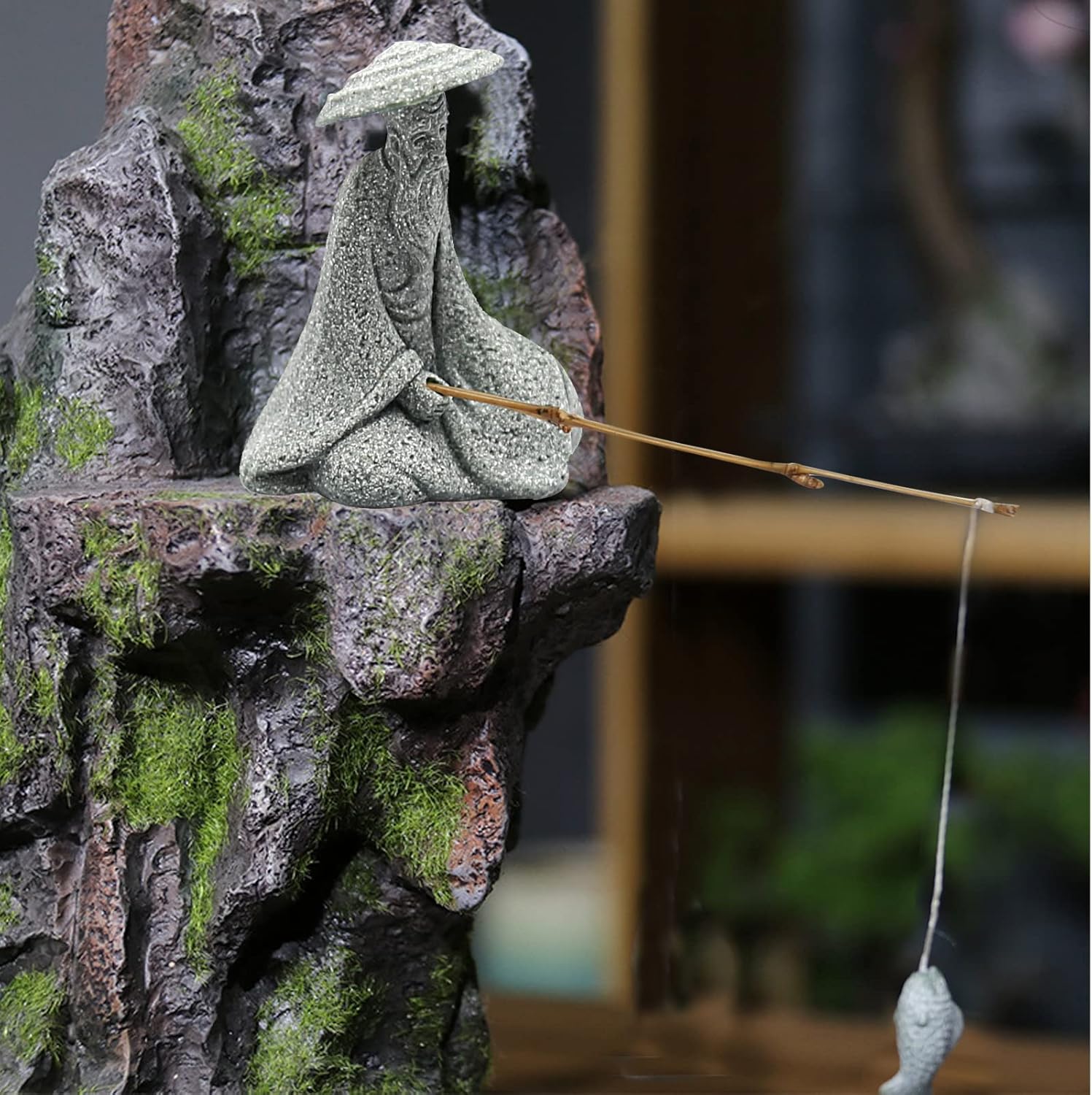 Zreneyfex 2 mini figuras de piedra arenisca de pescador sentado pescador estatua de lodo para pecera y micro paisaje decoración de jardín