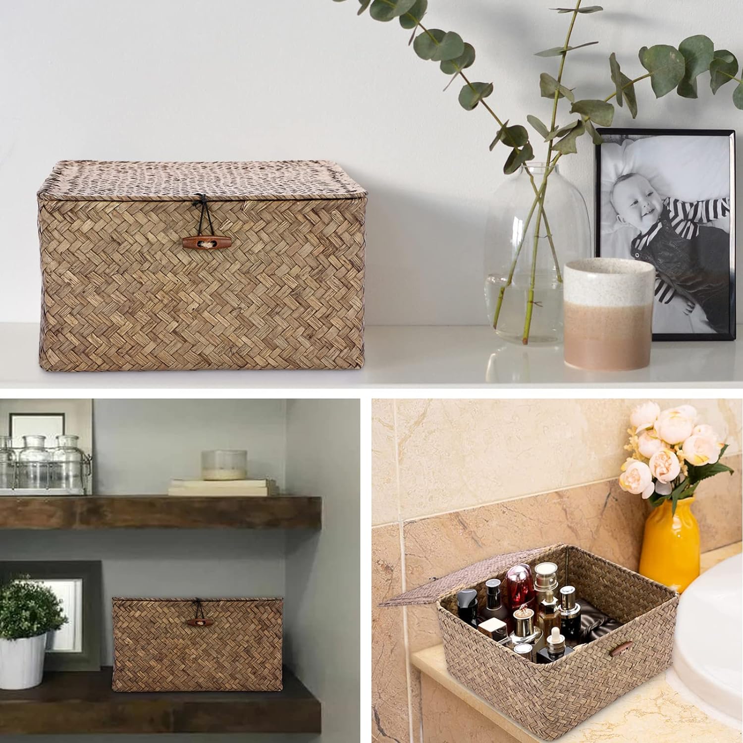 Hipiwe Cestas de mimbre con tapa, cesta de almacenamiento tejida a mano, contenedor cuadrado multiusos para el hogar, cajas para estantes y