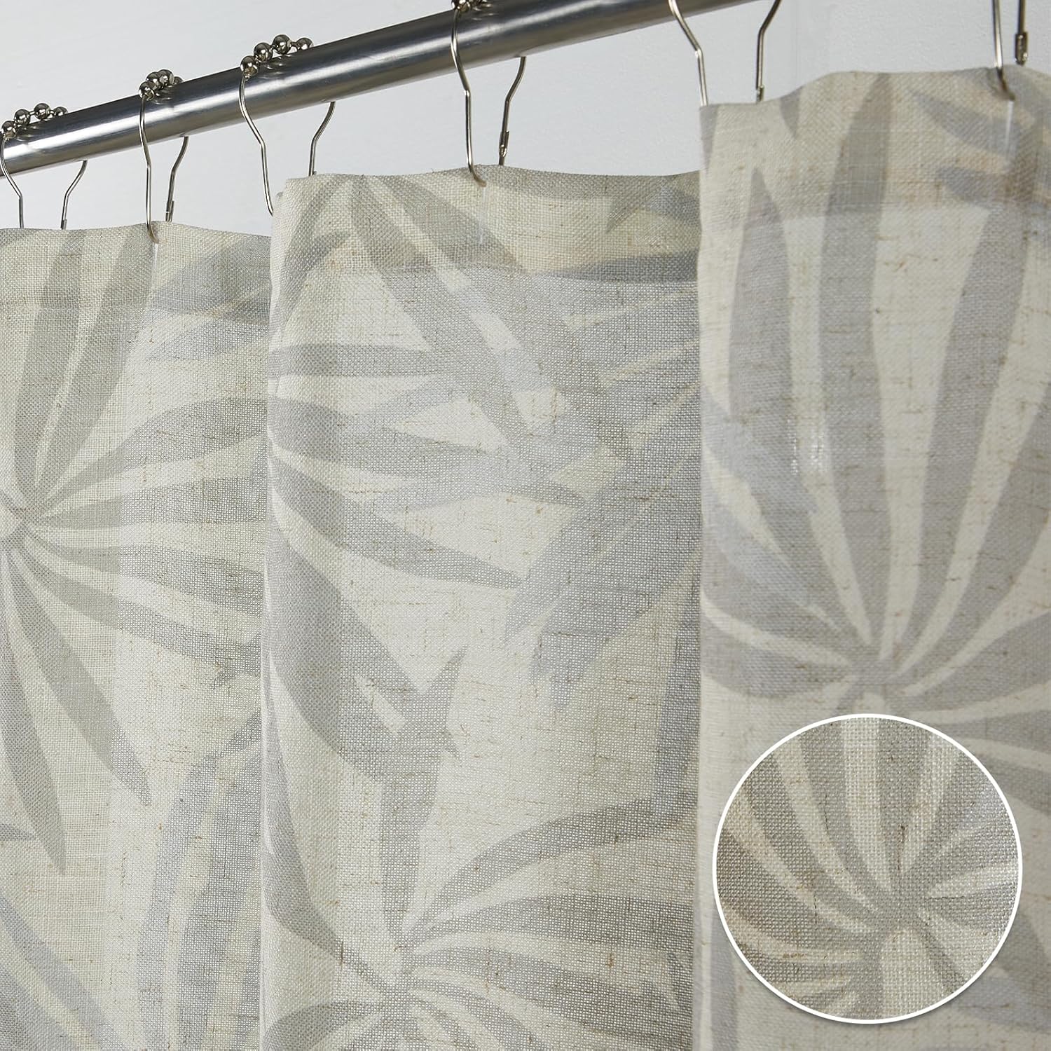 Cortina de ducha para baño, color gris y beige, mezcla de lino, hojas y plantas, juego de cortinas de ducha para baño, resistente, 12 ganchos