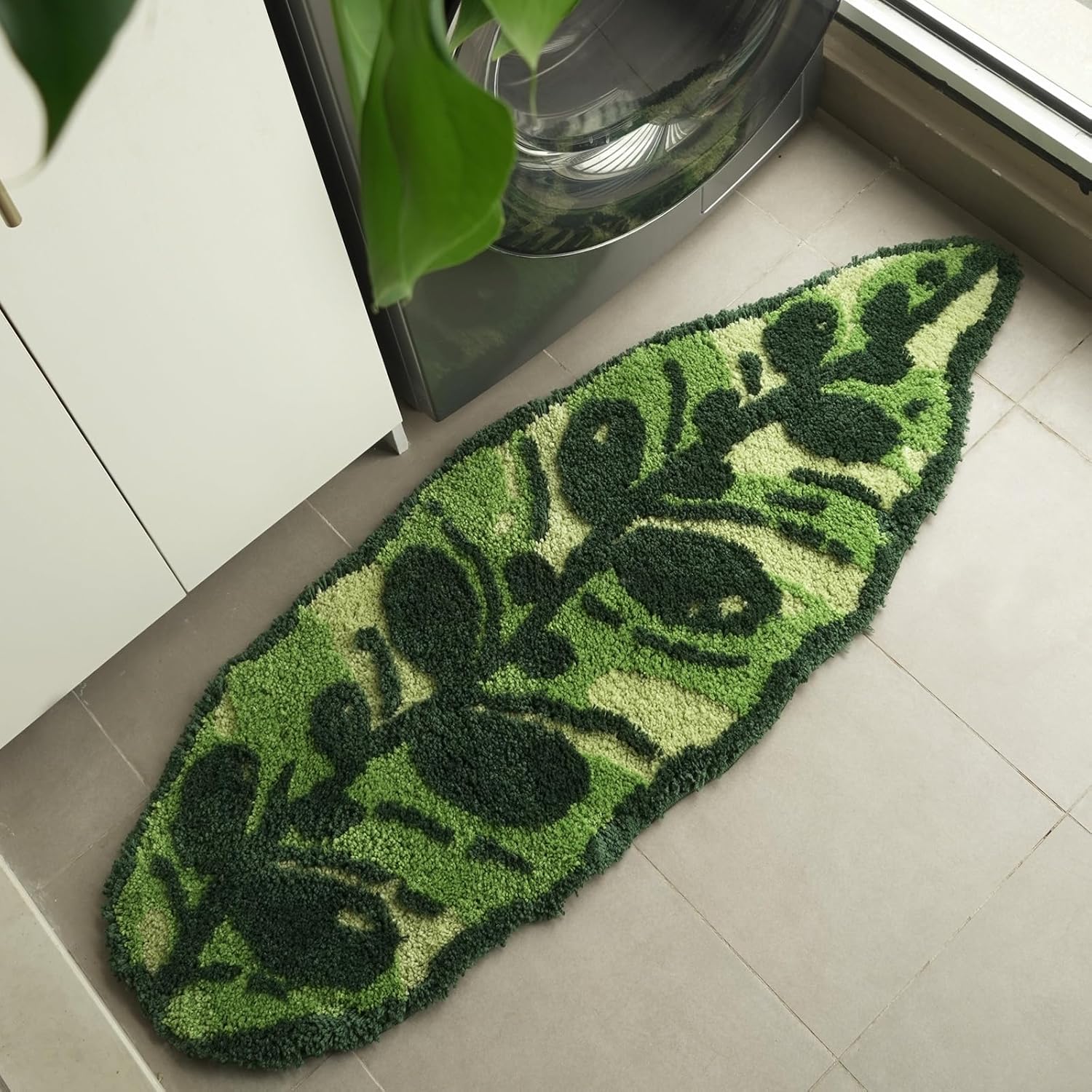 Alfombra verde para pasillo de cocina, antideslizante, con hojas divertidas, larga, suave, copetuda, tropical para baño, dormitorio, cuarto de