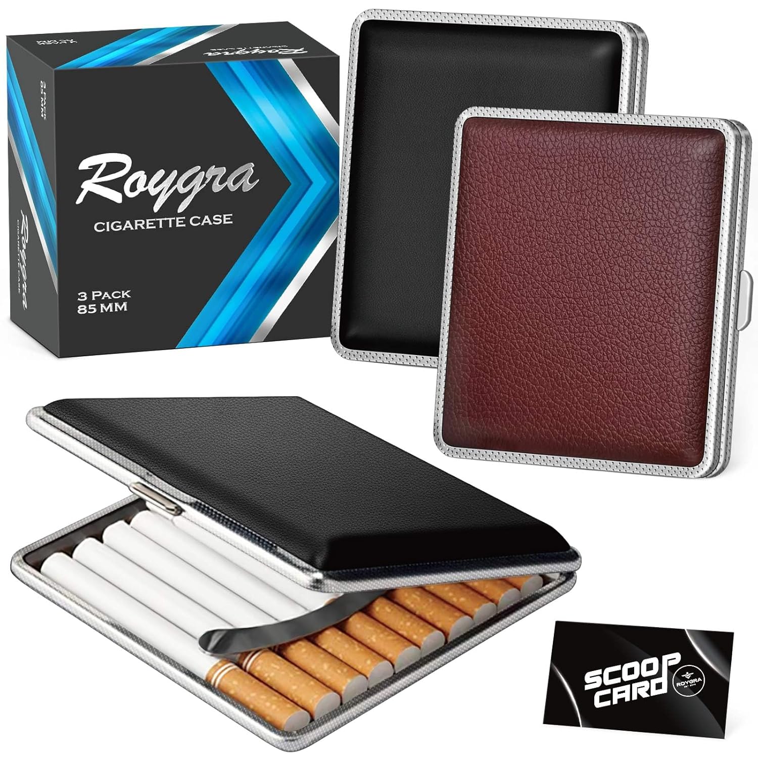 roygra Juego de 3 cajas de cigarrillos  Piel sintética con capacidad de 20 para tamaño regular y King, no se adapta a los años 100 (2 negras +